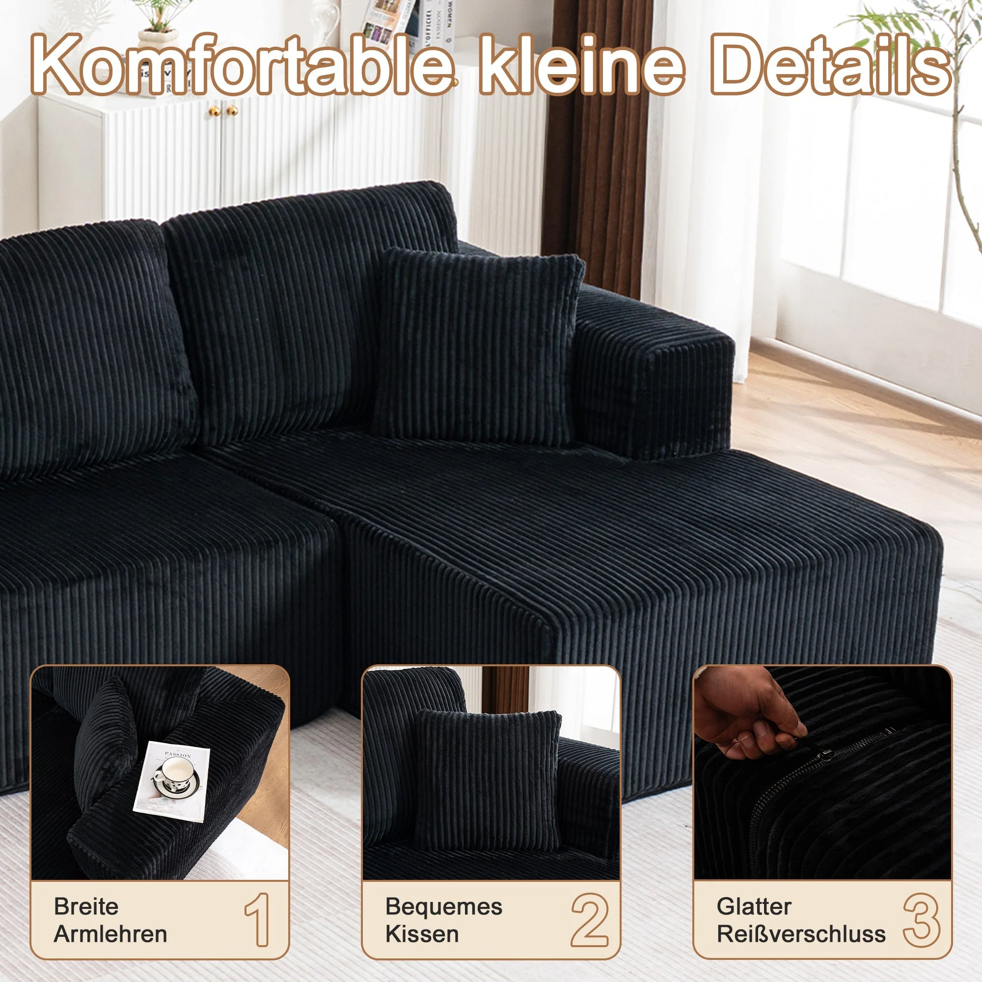 Modern U-Type Modular Sofa with Lounge Chairs and High-Density Sponge, Lamp Plush Fabric - Image 3