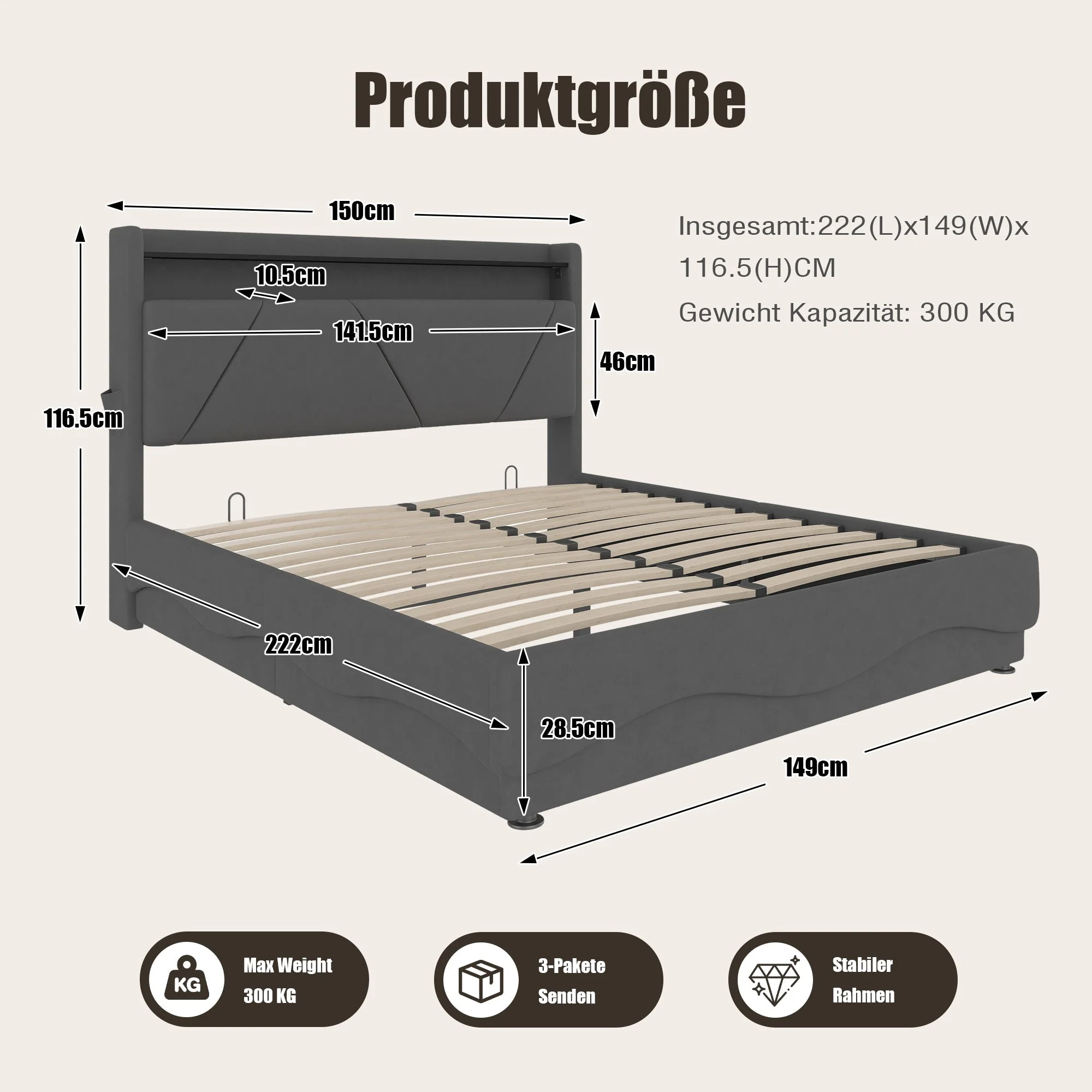 Modern Upholstered Bed 140x200cm LED Storage USB Ports Gas Spring Slatted Base Fabric - Image 2