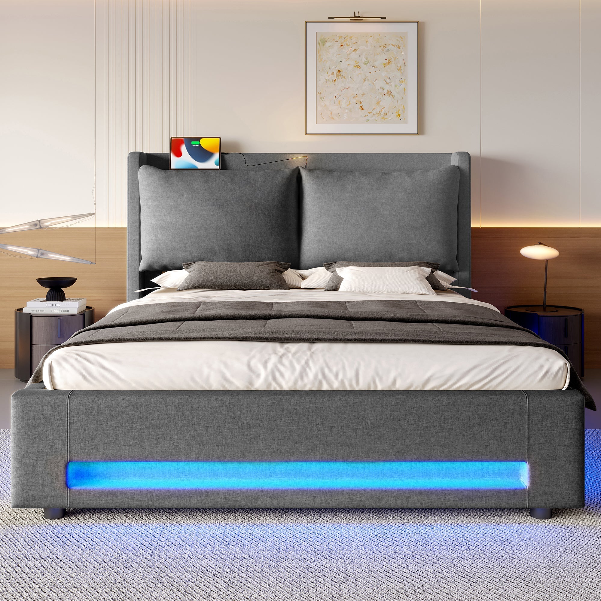 Modern Upholstered Bed 140x200cm Storage LED USB-C Headboard - Image 3