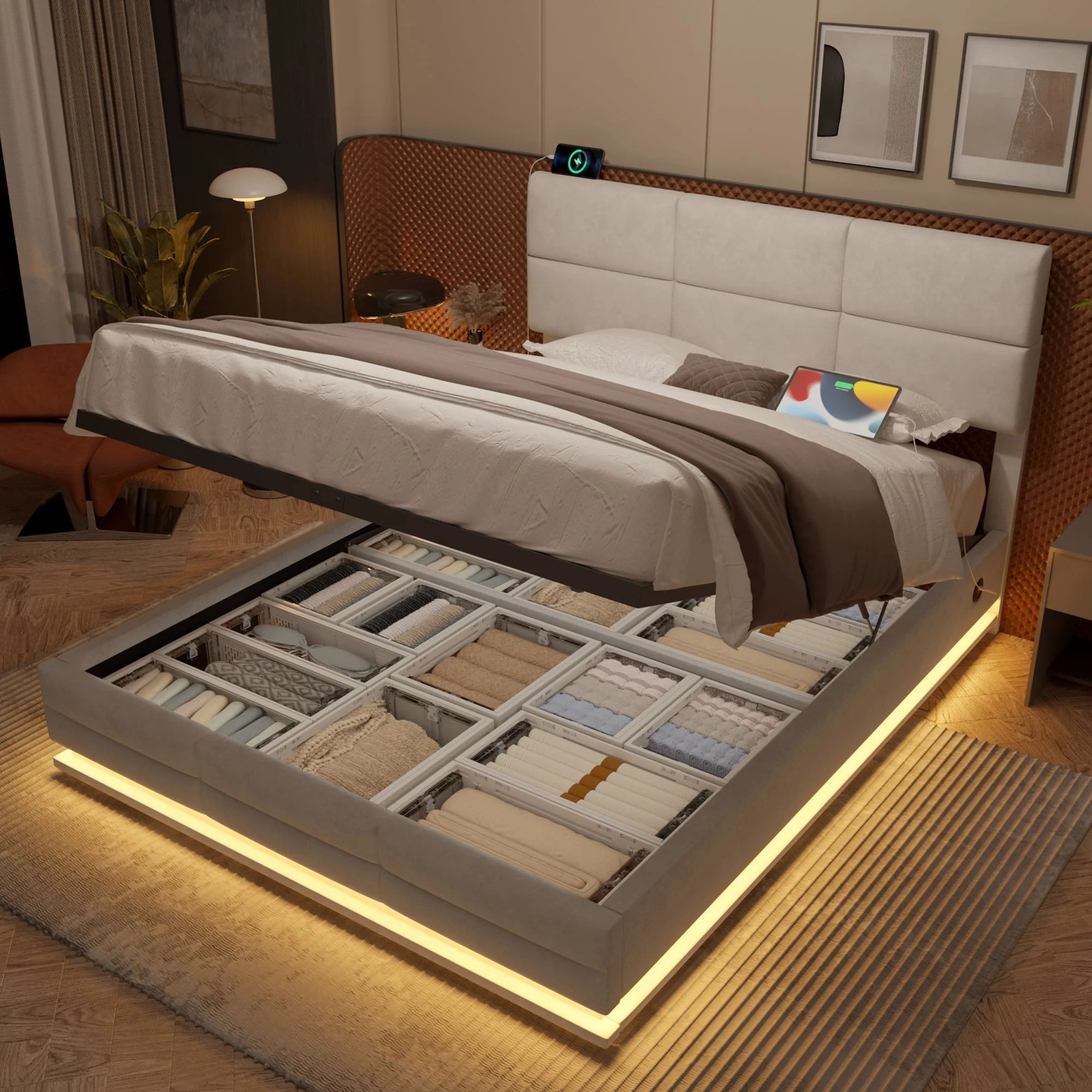 Modern Upholstered Bed 150x200cm, USB/LED, Hydraulic Storage, Beige Velvet - Image 3