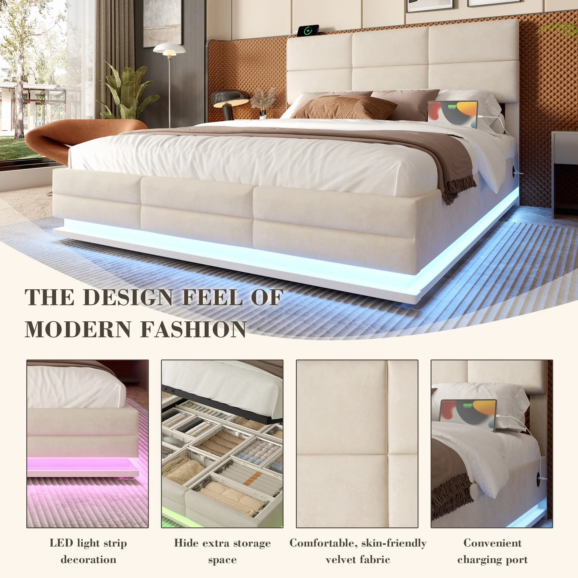 Modern Upholstered Bed 150x200cm, USB/LED, Hydraulic Storage, Beige Velvet - Image 4
