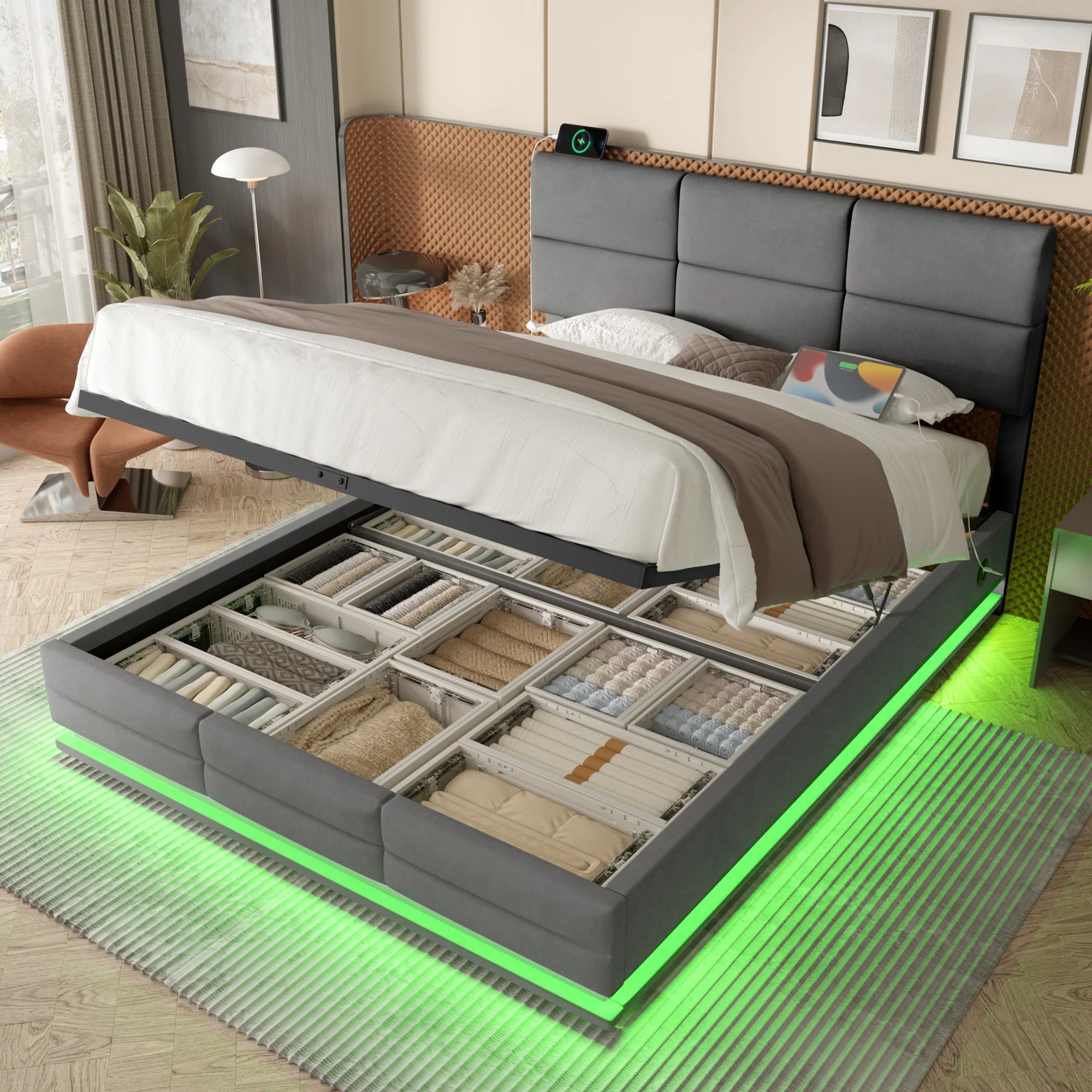 Modern Upholstered Bed 180x200cm Adjustable Headboard USB/LED Hydraulic Storage - Grey Velour