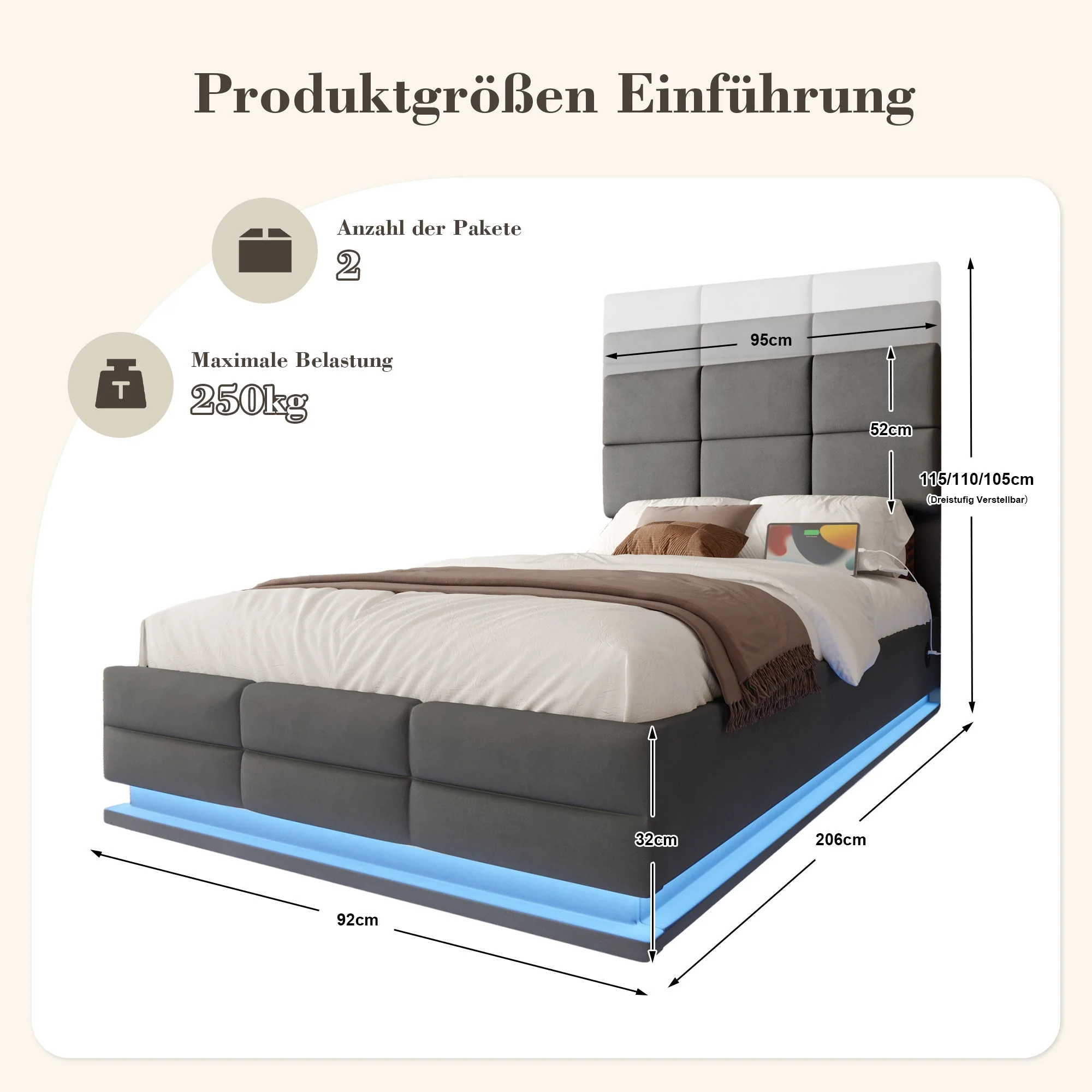 Modern Upholstered Bed 90x200cm, Adjustable Headboard, USB/LED, Hydraulic Storage - Gray Velour - Image 2