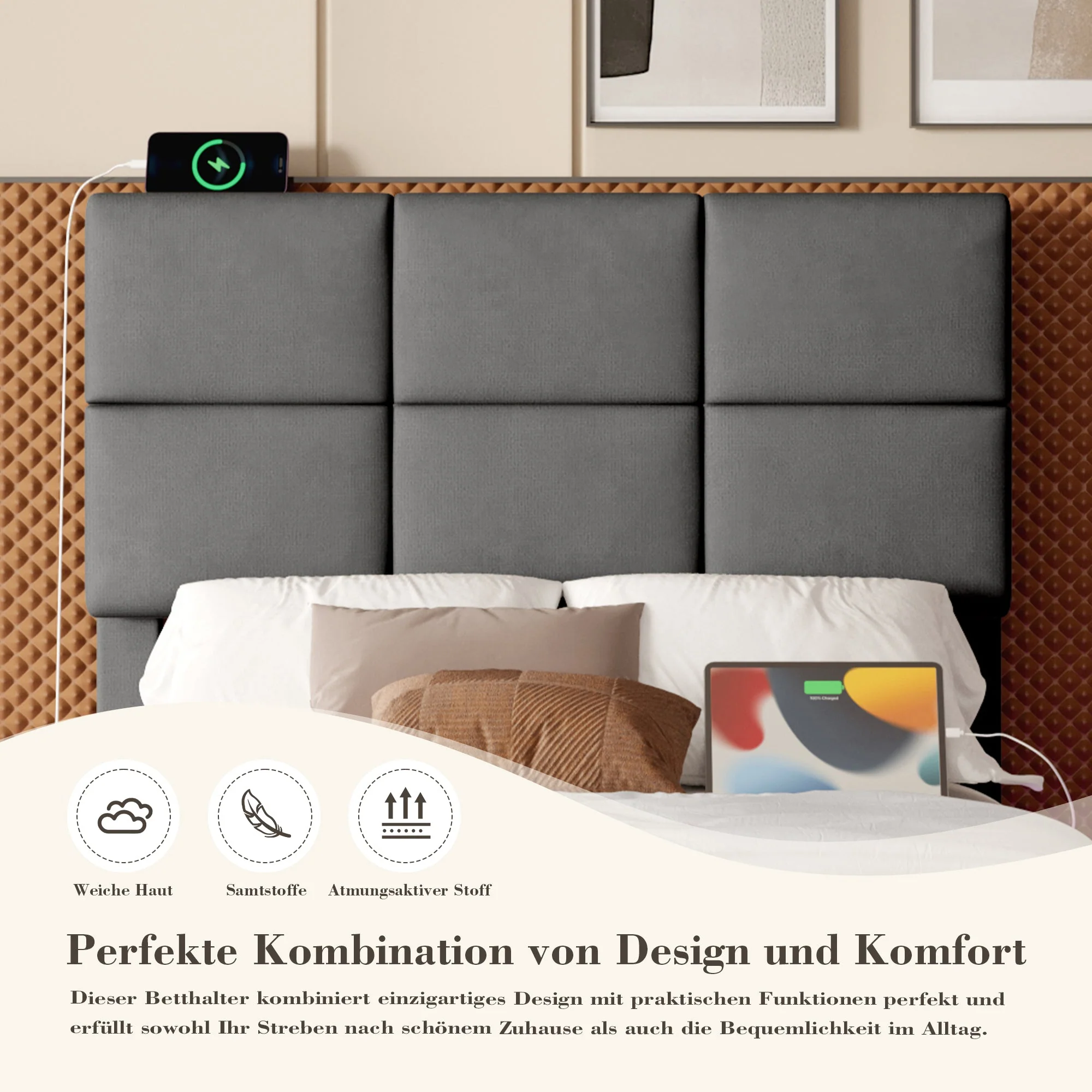 Modern Upholstered Bed 90x200cm, Adjustable Headboard, USB/LED, Hydraulic Storage - Gray Velour - Image 8