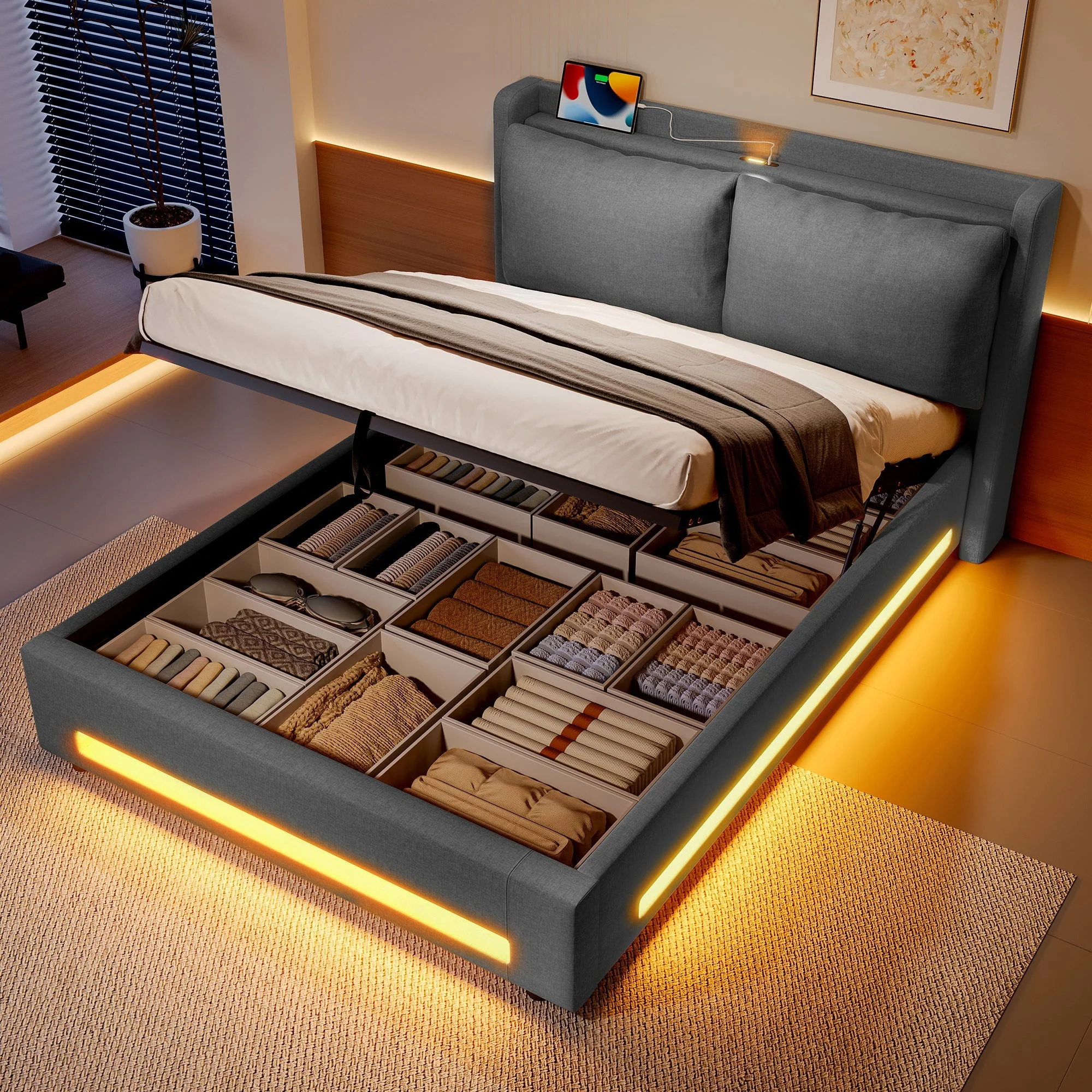 Modern Upholstered Bed, Storage Shelf, USB-C, LED Light, Hydraulic Lift, Velvet