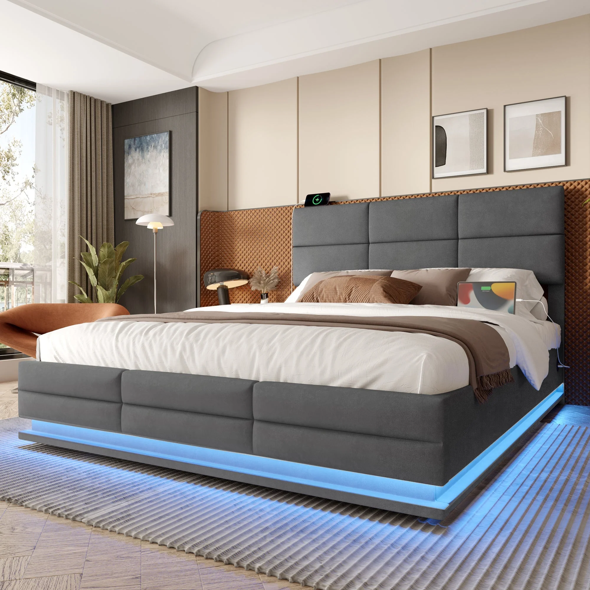 Modern Upholstered Bed with Adjustable Headboard, USB/LED, Hydraulic Lift, Storage - Gray Velvet - Image 7
