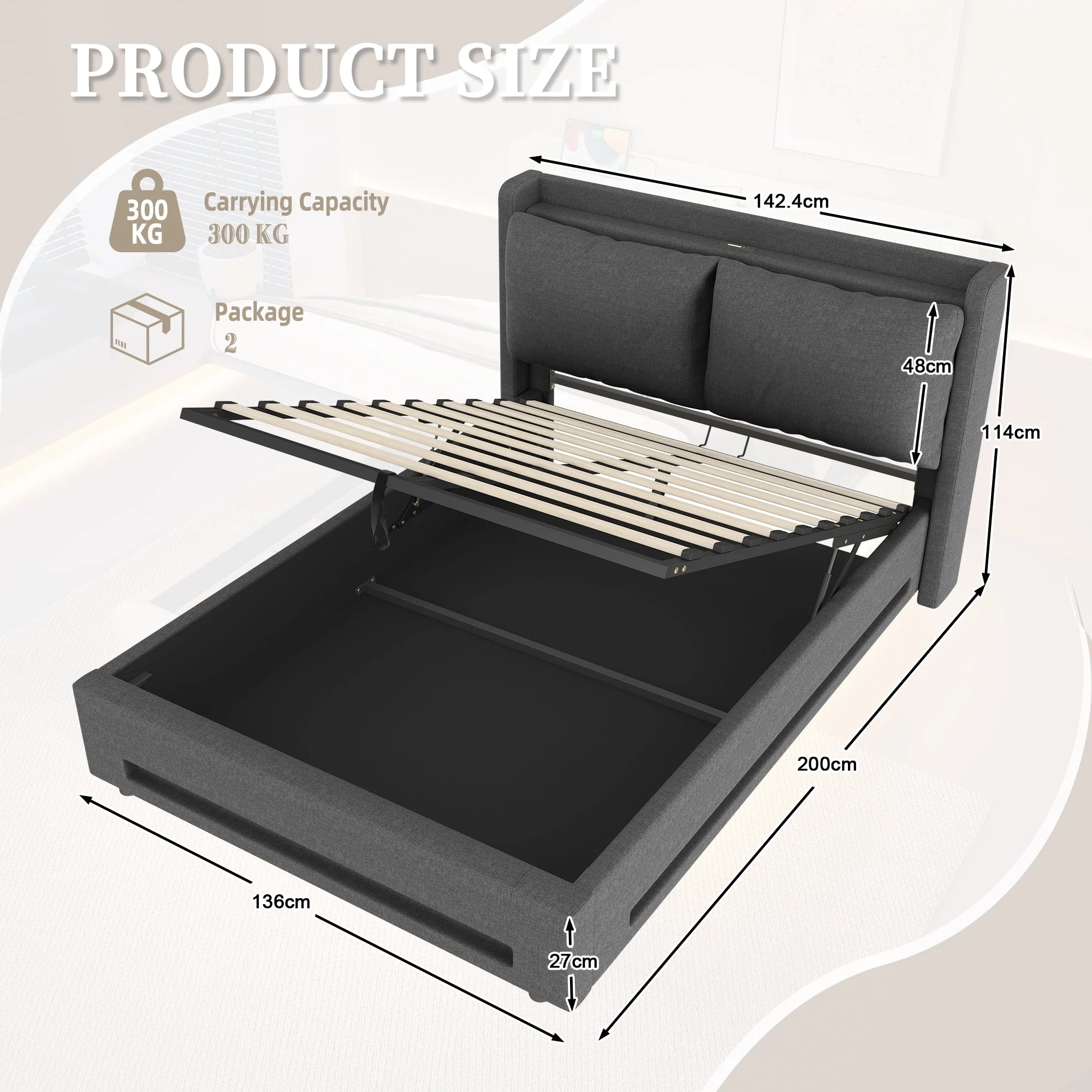 Modern Upholstered Bed with Hydraulic Storage, USB-C Ports, LED Lighting - Velvet - Image 2