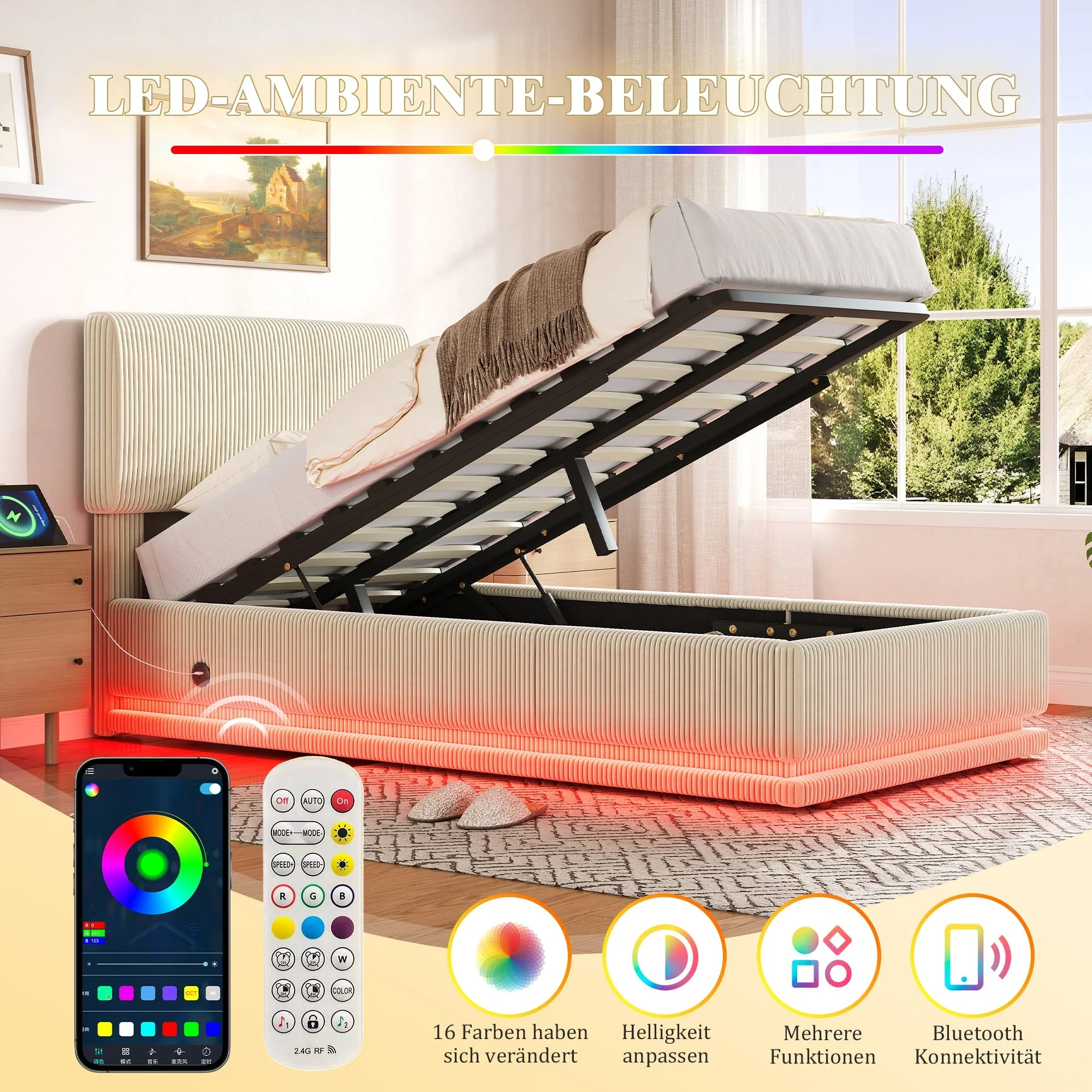 Modern Upholstered Bed with LED Lighting, USB-C and Storage, 90*200 Beige Corduroy - Image 5