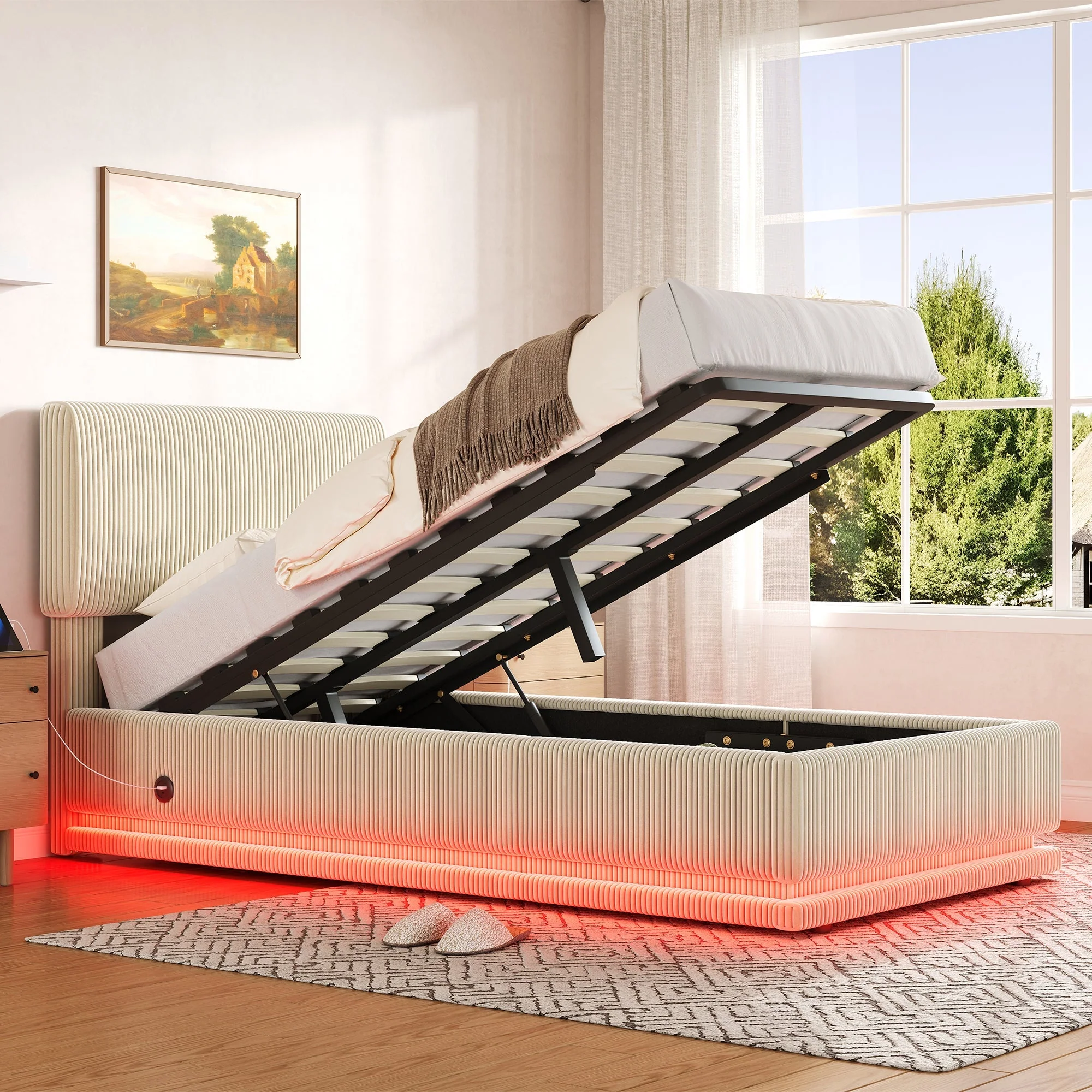 Modern Upholstered Bed with LED Lighting, USB-C and Storage, 90*200 Beige Corduroy - Image 6