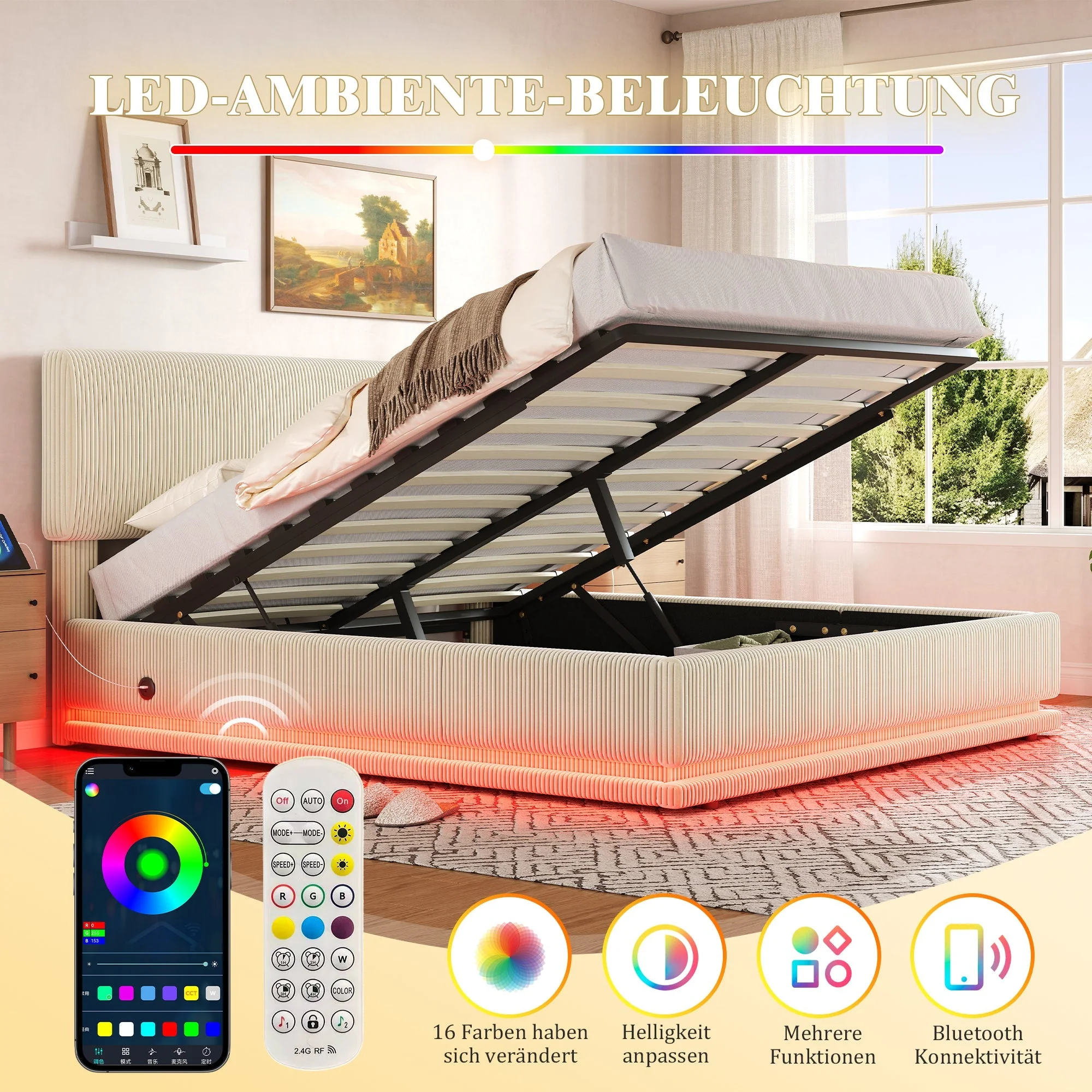 Modern Upholstered Bed with LED Lighting, USB-C and Storage, Corduroy Beige - Image 6