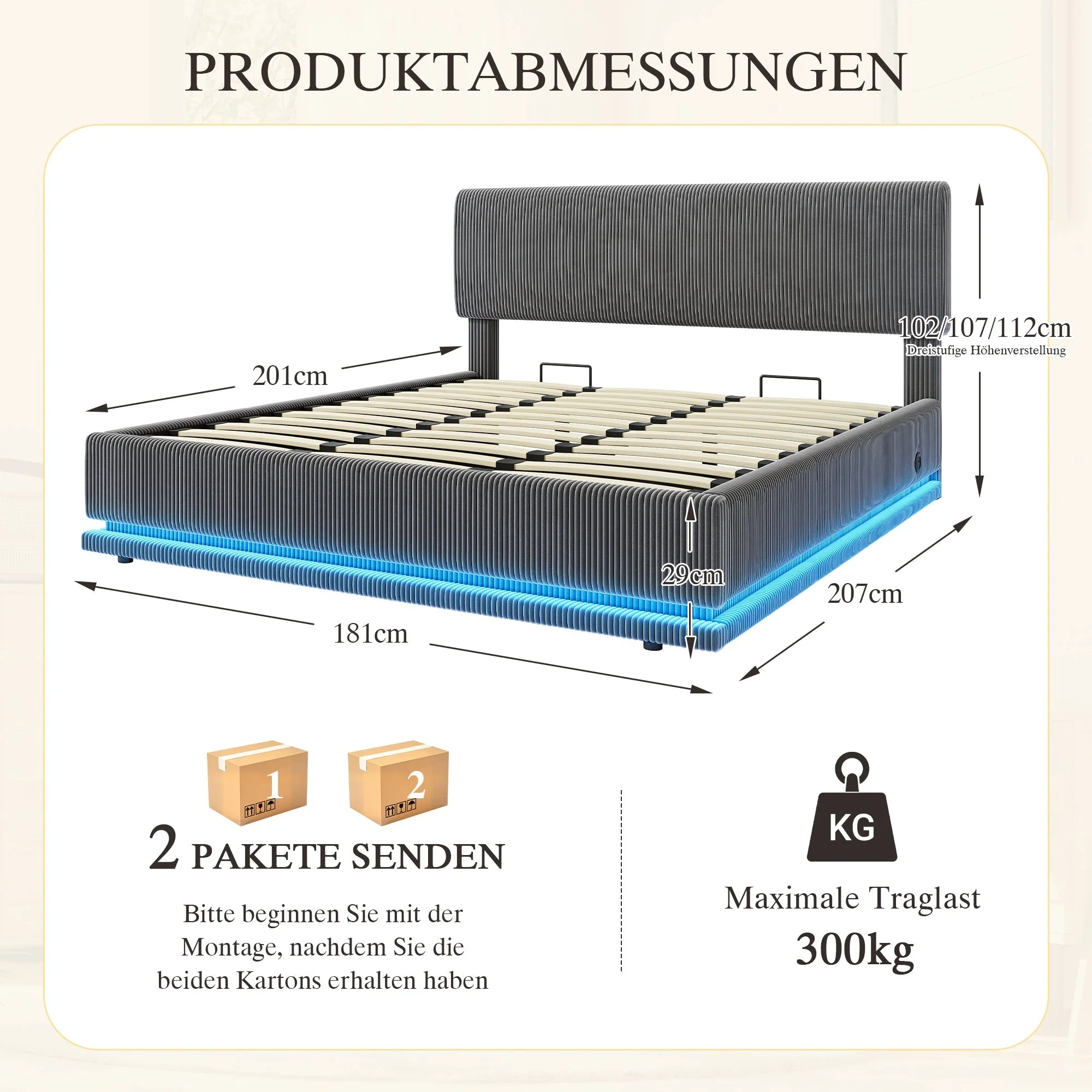 Modern Upholstered Bed with LED Lighting, USB-C and Under-Bed Storage, Gray Corduroy - Image 2