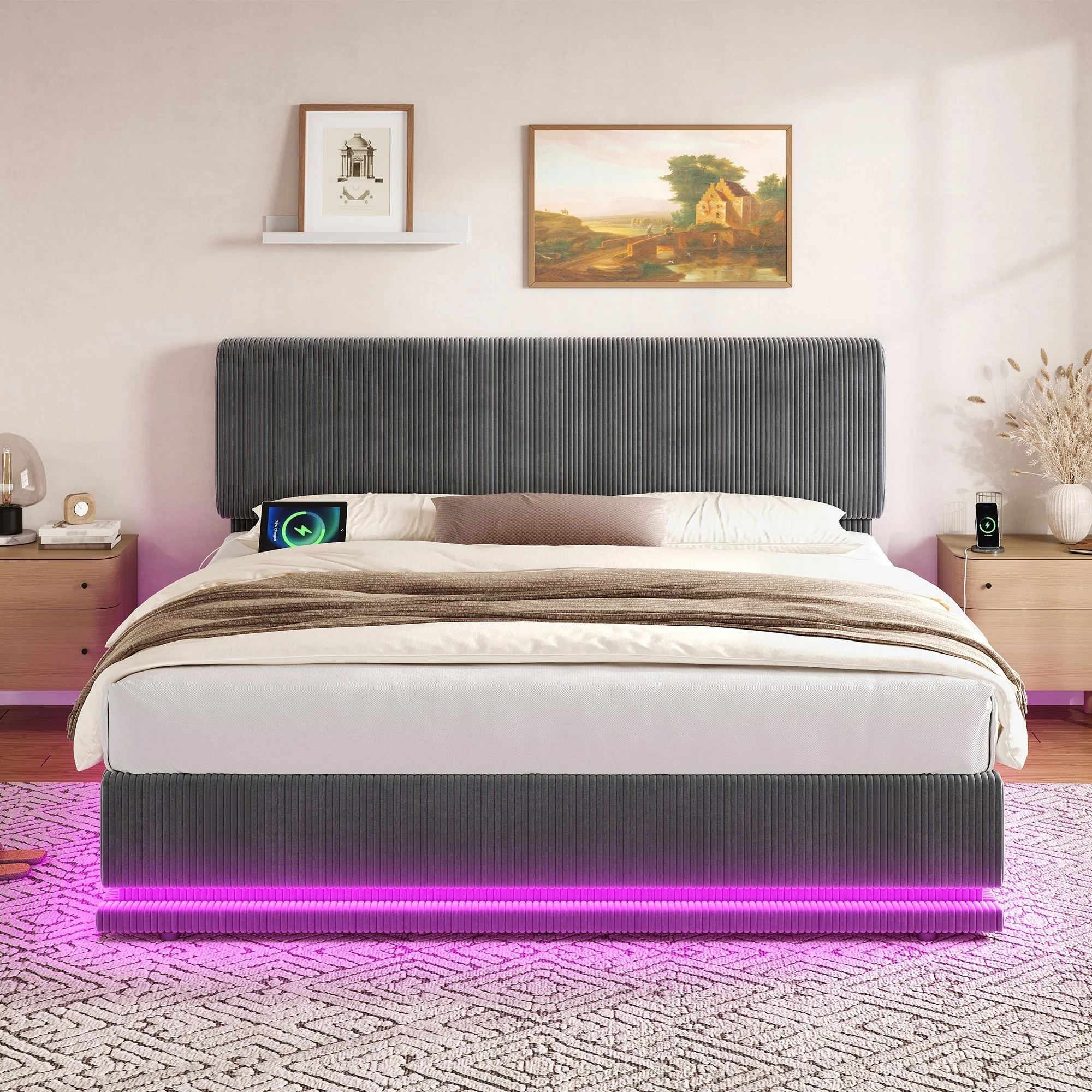 Modern Upholstered Bed with LED Lighting, USB-C Charging and Under-Bed Storage, Gray Corduroy - Image 2