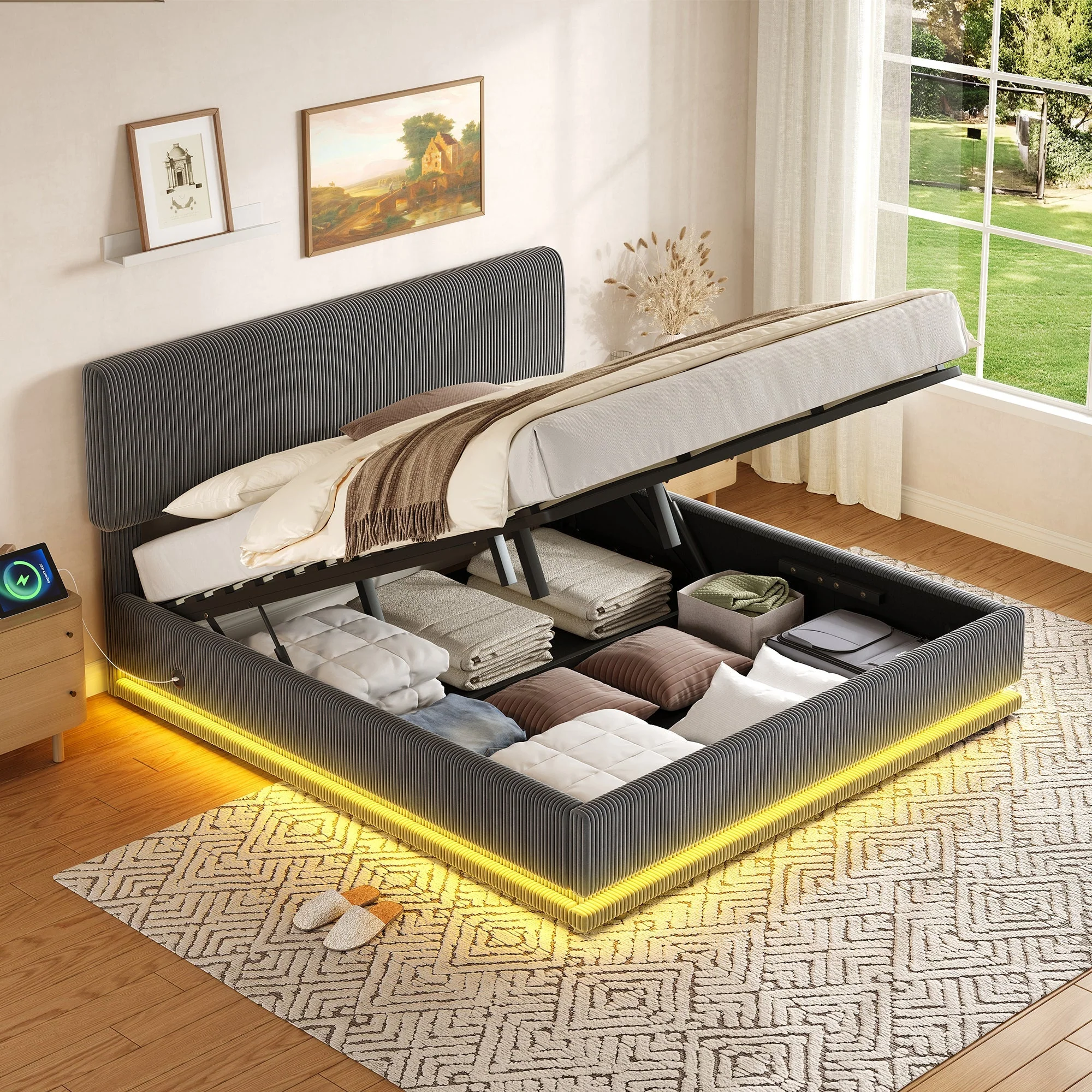 Modern Upholstered Bed with LED Lighting, USB-C Charging and Under-Bed Storage, Gray Corduroy - Image 4