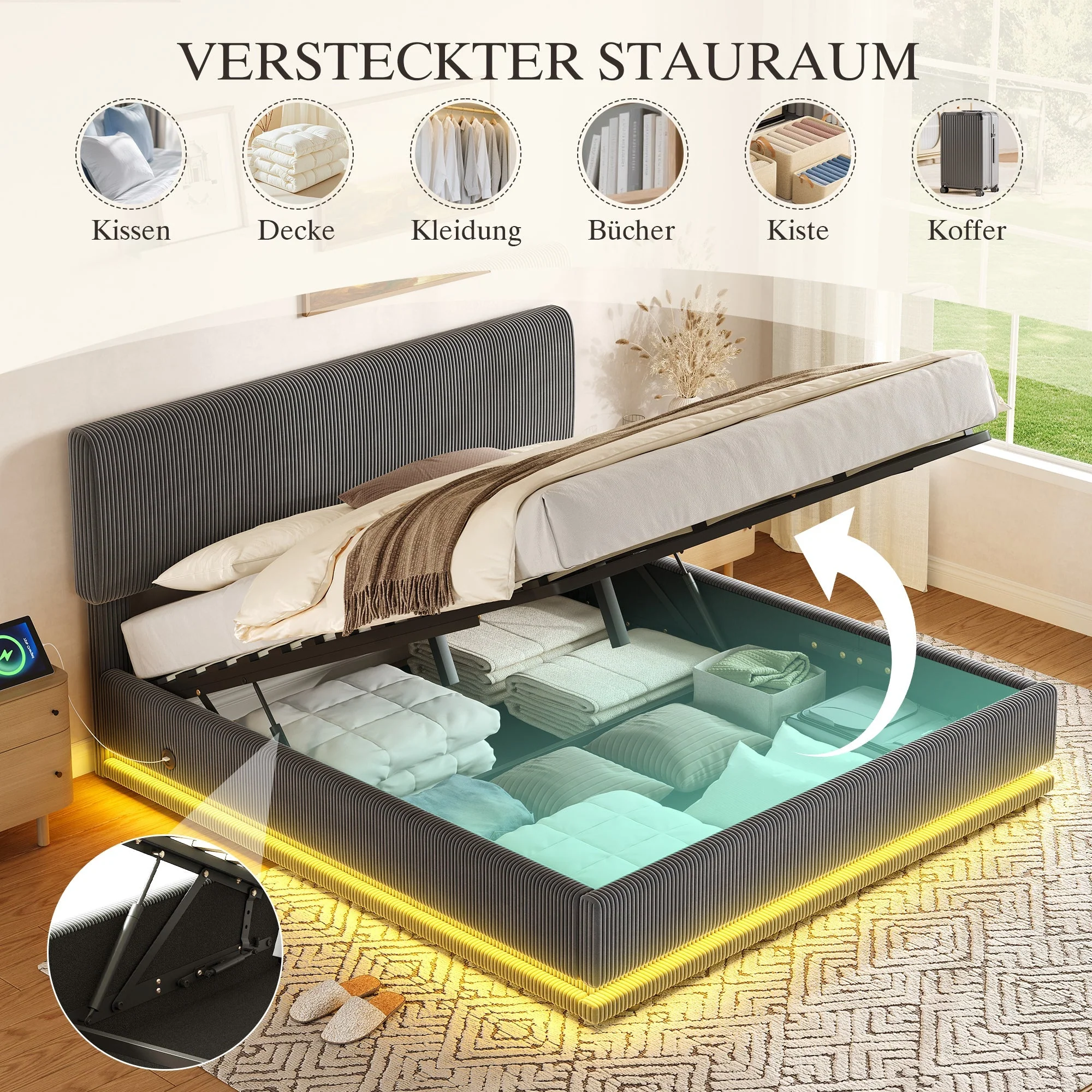 Modern Upholstered Bed with LED Lighting, USB-C Charging and Under-Bed Storage, Gray Corduroy - Image 5