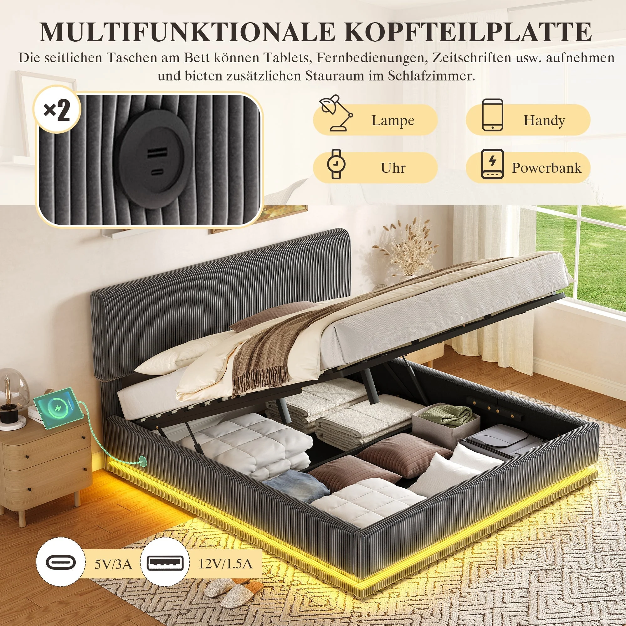 Modern Upholstered Bed with LED Lighting, USB-C Charging and Under-Bed Storage, Gray Corduroy - Image 7
