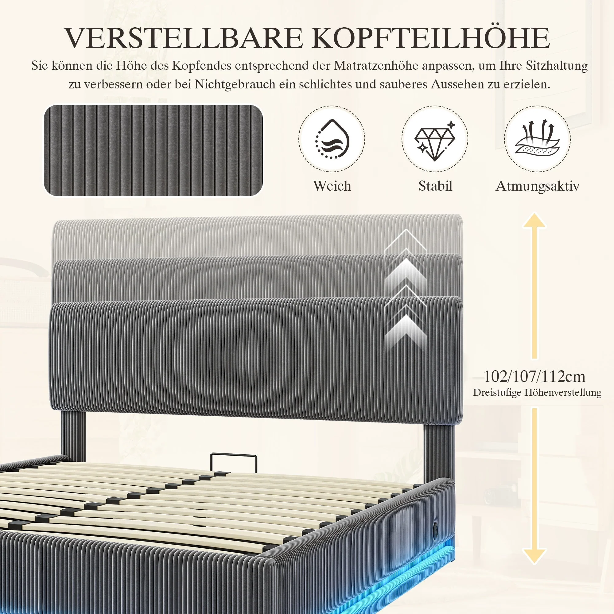 Modern Upholstered Bed with LED Lighting, USB-C Charging and Under-Bed Storage, Gray Corduroy - Image 8