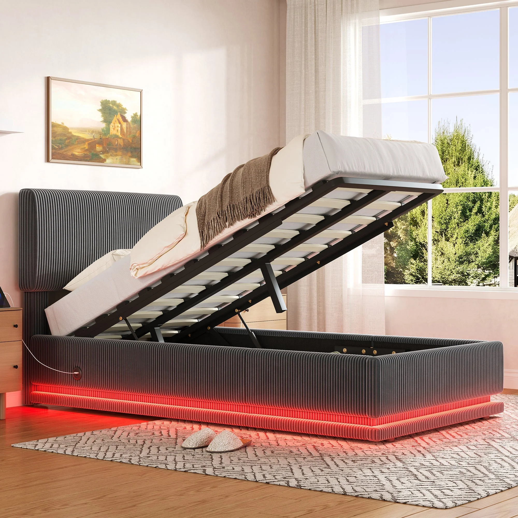 Modern Upholstered Bed with LED, USB-C Charging and Storage, 90x200, Gray Corduroy - Image 6