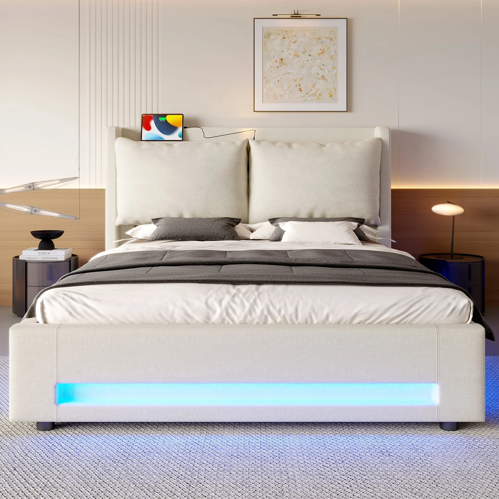 Modern Upholstered Bed with Storage, USB-C, LED, Hydraulic Lift, Velvet - Image 3