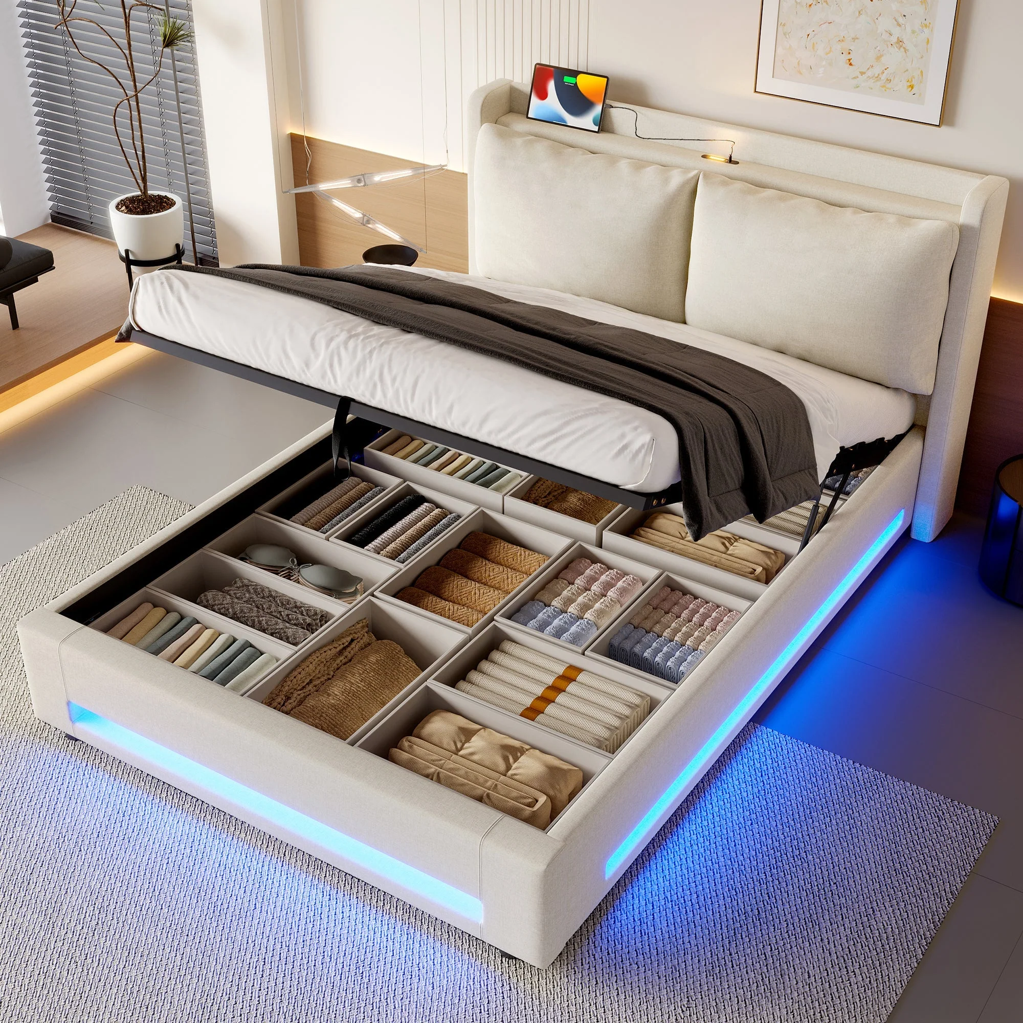 Modern Upholstered Bed with Storage, USB-C, LED Lights, 180x200 cm, Velvet - Image 7