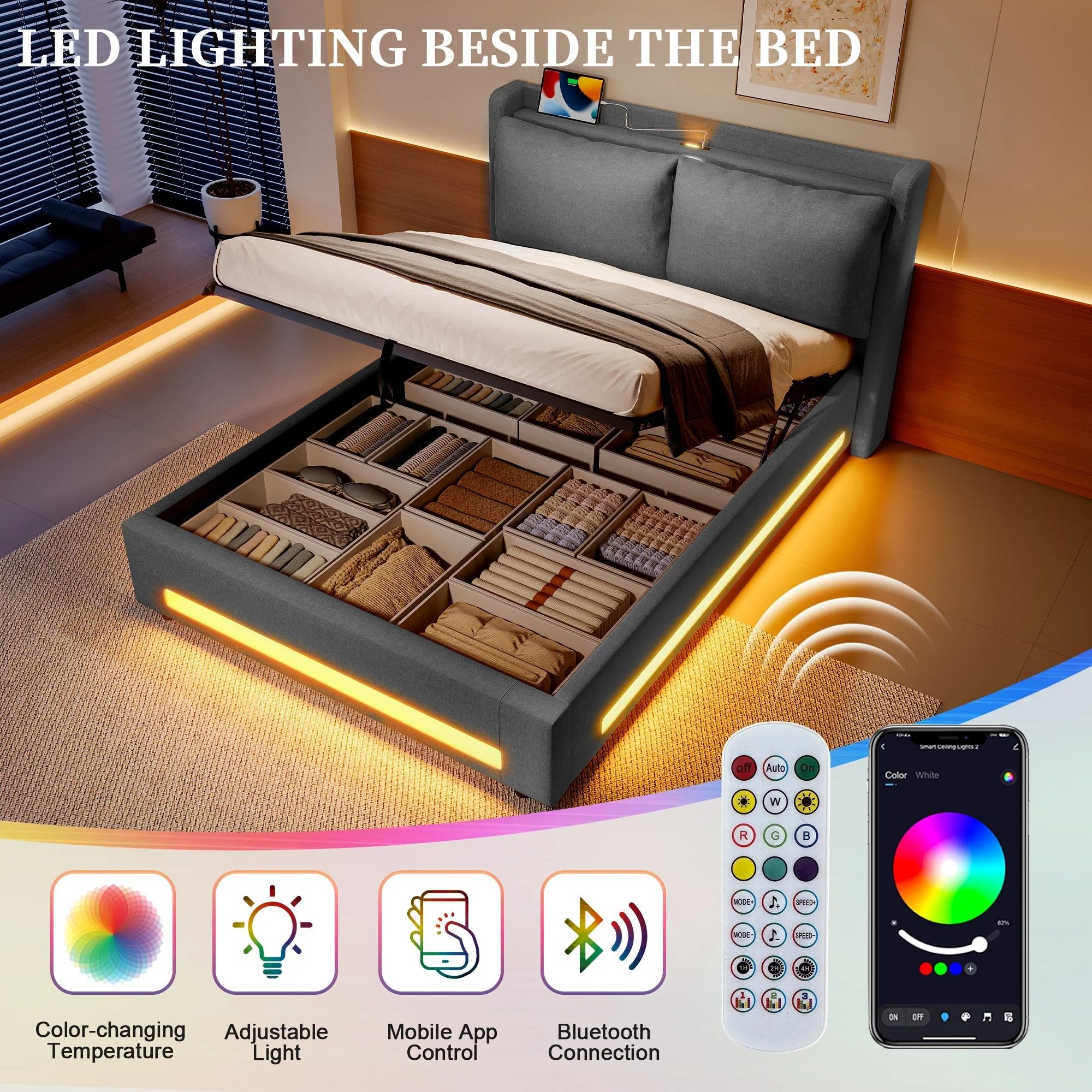 Modern Upholstered Bed with Storage, USB-C, LED Lights, Hydraulic Lift, Velvet - Image 6