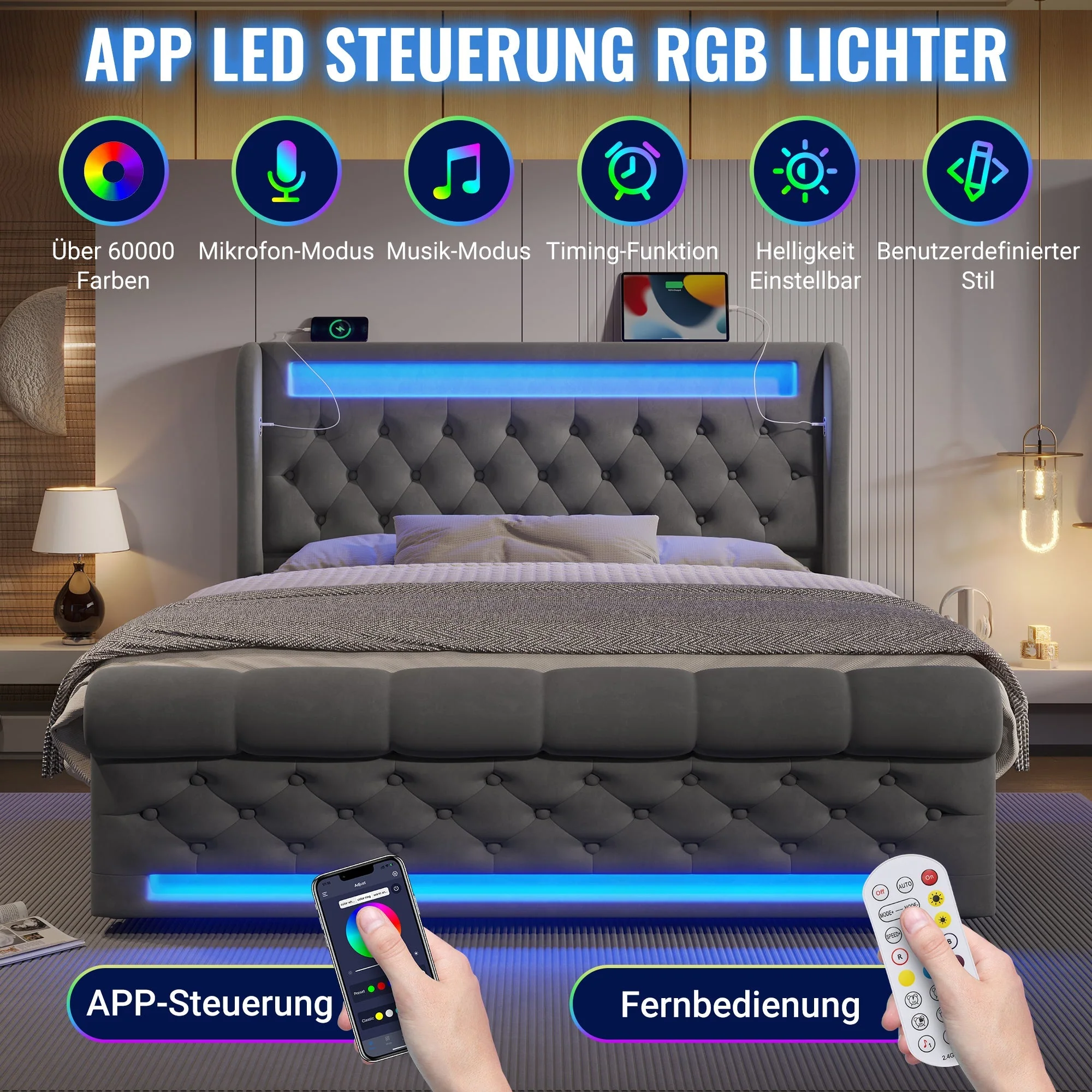 Modern Upholstered Double Bed 140x200cm LED Storage USB-C Hydraulic Grey Velvet - Image 5