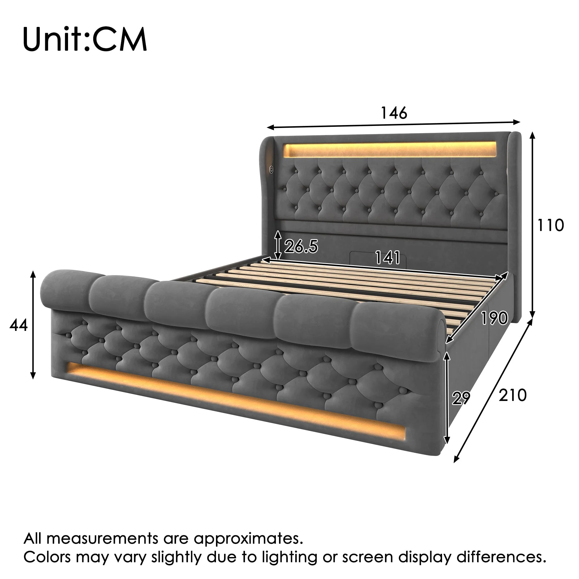 Modern Upholstered Double Bed with LED, Storage Headboard and USB, 140x190cm, Grey Velvet - Image 2