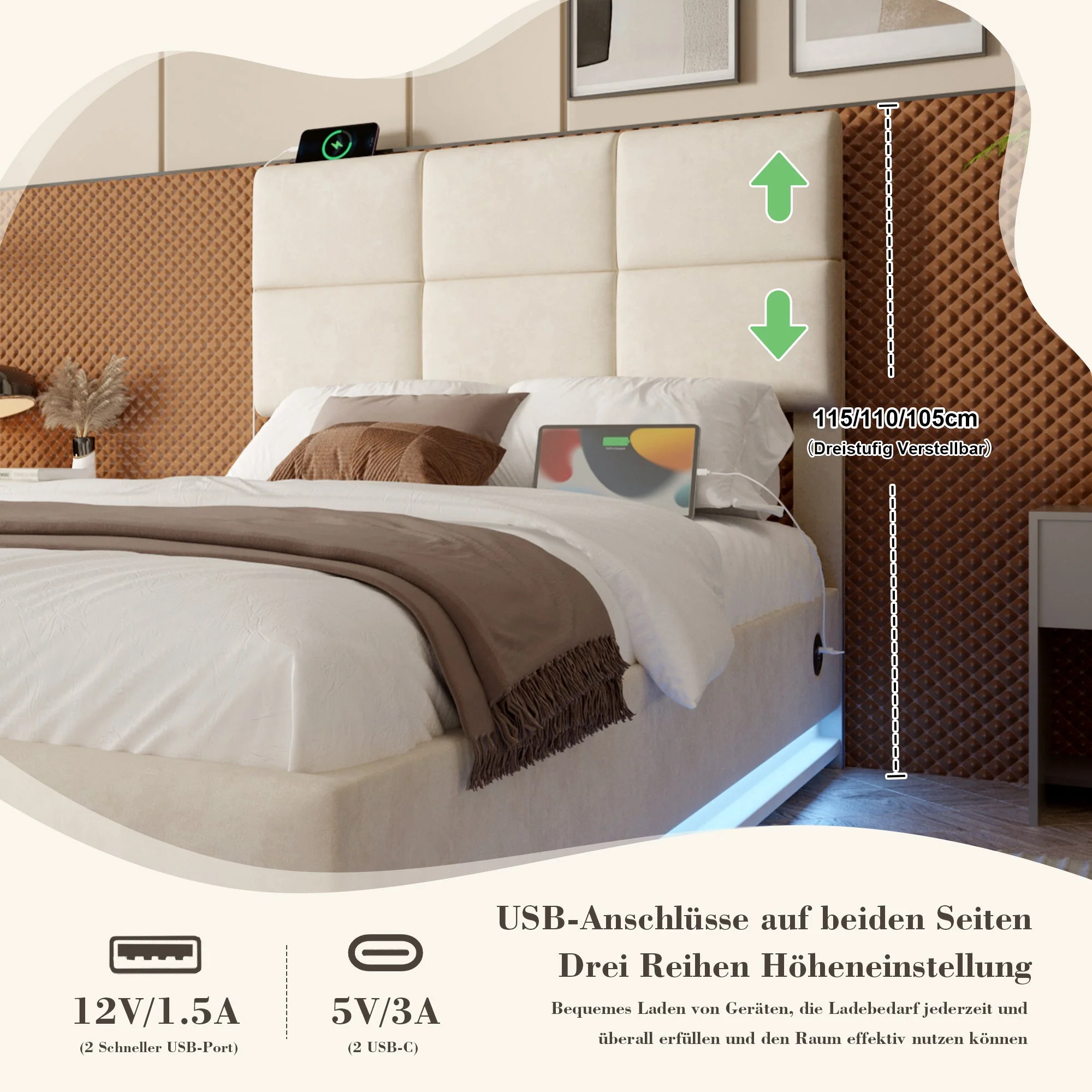 Modern Velour Upholstered Bed 90x200cm Adjustable Headboard USB/LED Hydraulic Storage, Beige - Image 4