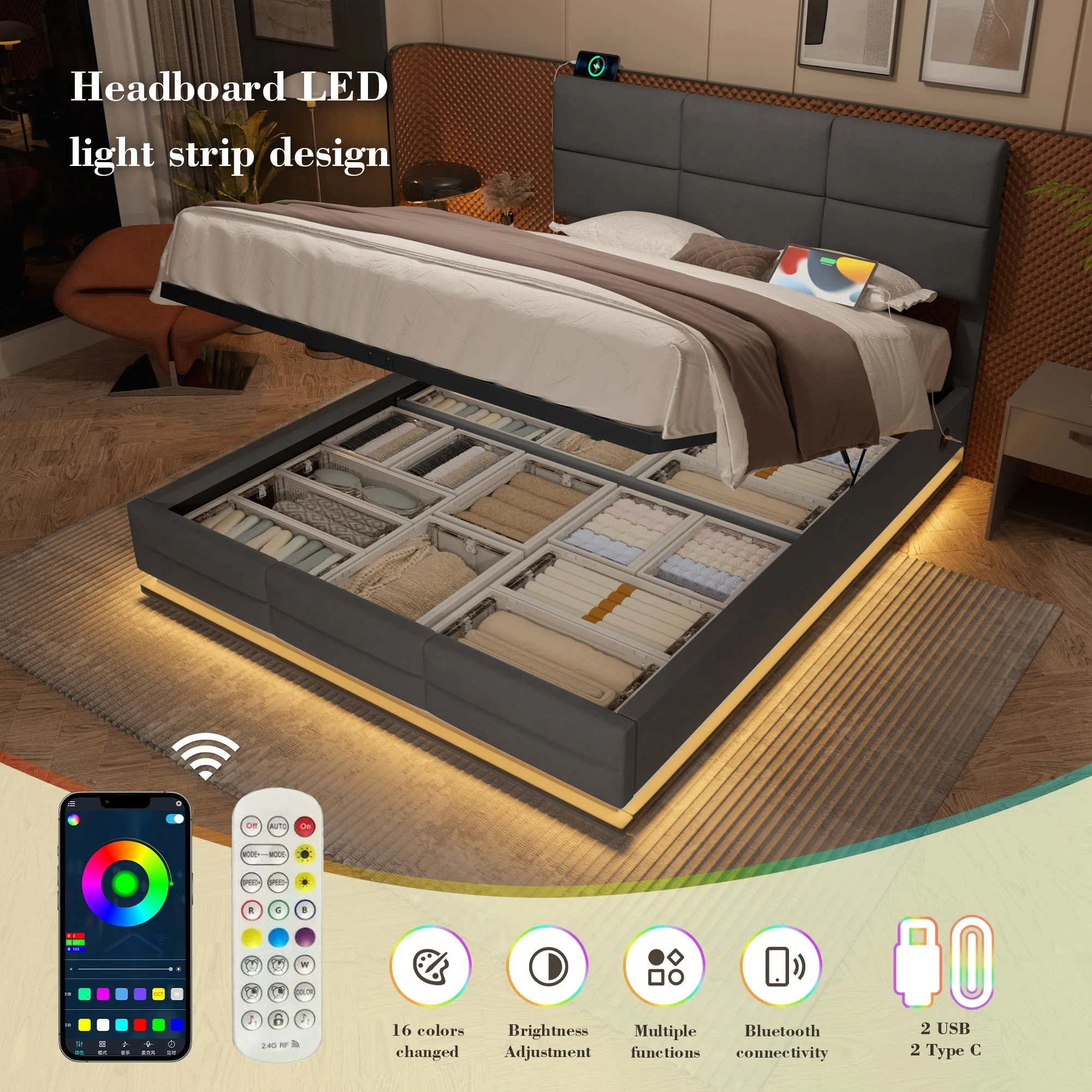 Modern Velvet Upholstered Bed, 150x200 cm, LED, USB Ports, Hydraulic Lift, Gray - Image 4