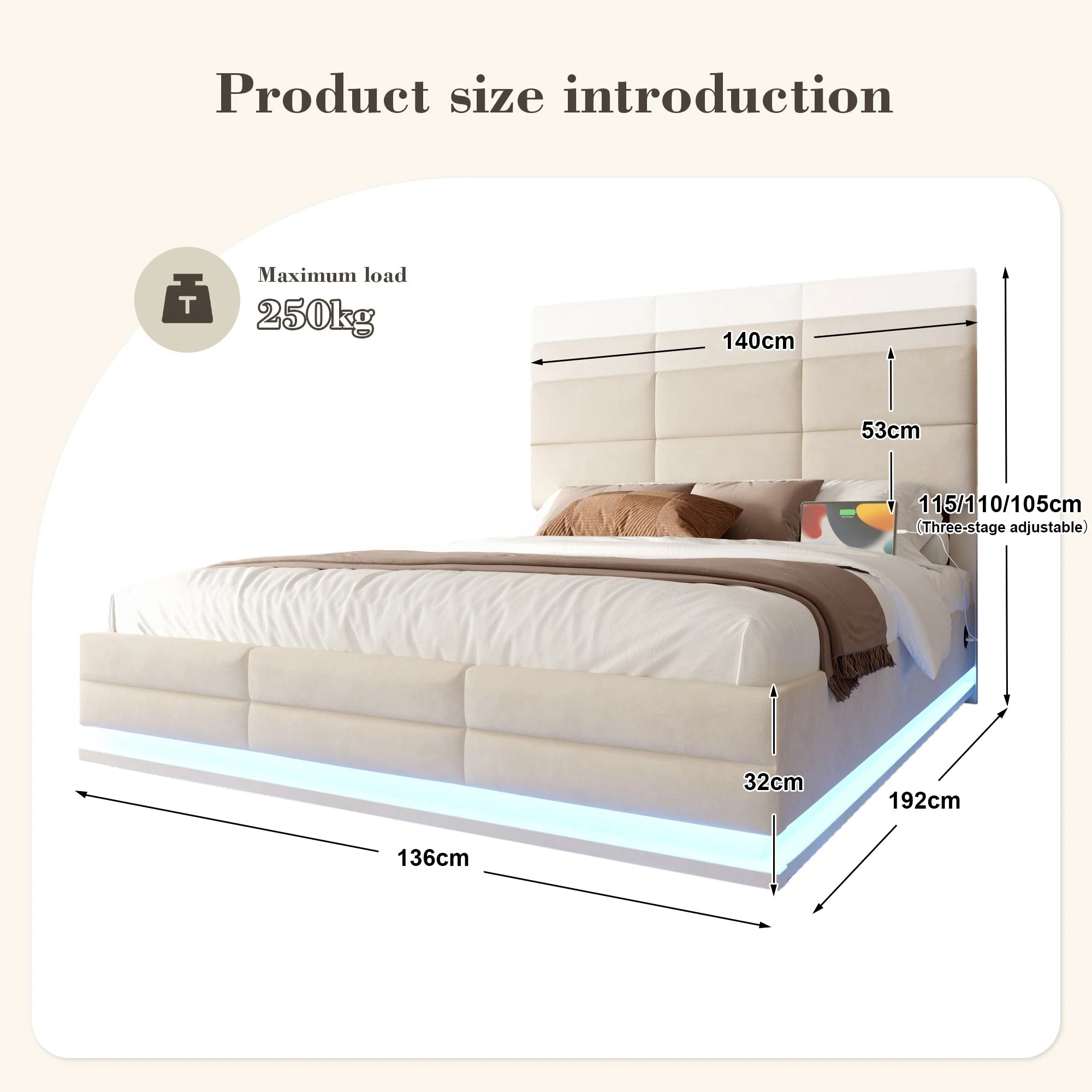 Modern Velvet Upholstered Bed with Adjustable Headboard, USB/Type-C, LED, Hydraulic Lift, and Storage - Beige - Image 2