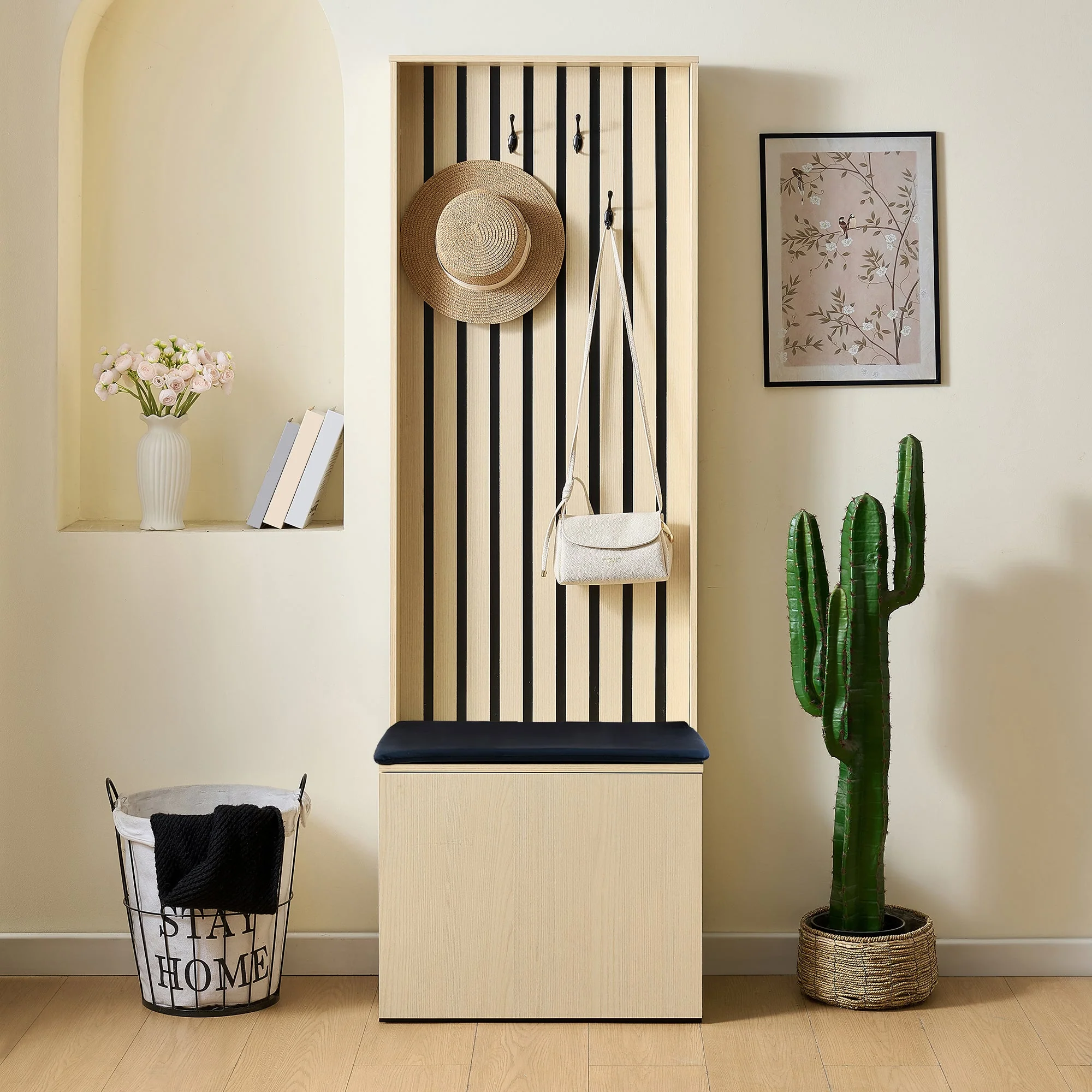 Modern Wardrobe with Bench & Shoe Storage, 4 Hooks, Wood/MDF - Image 3