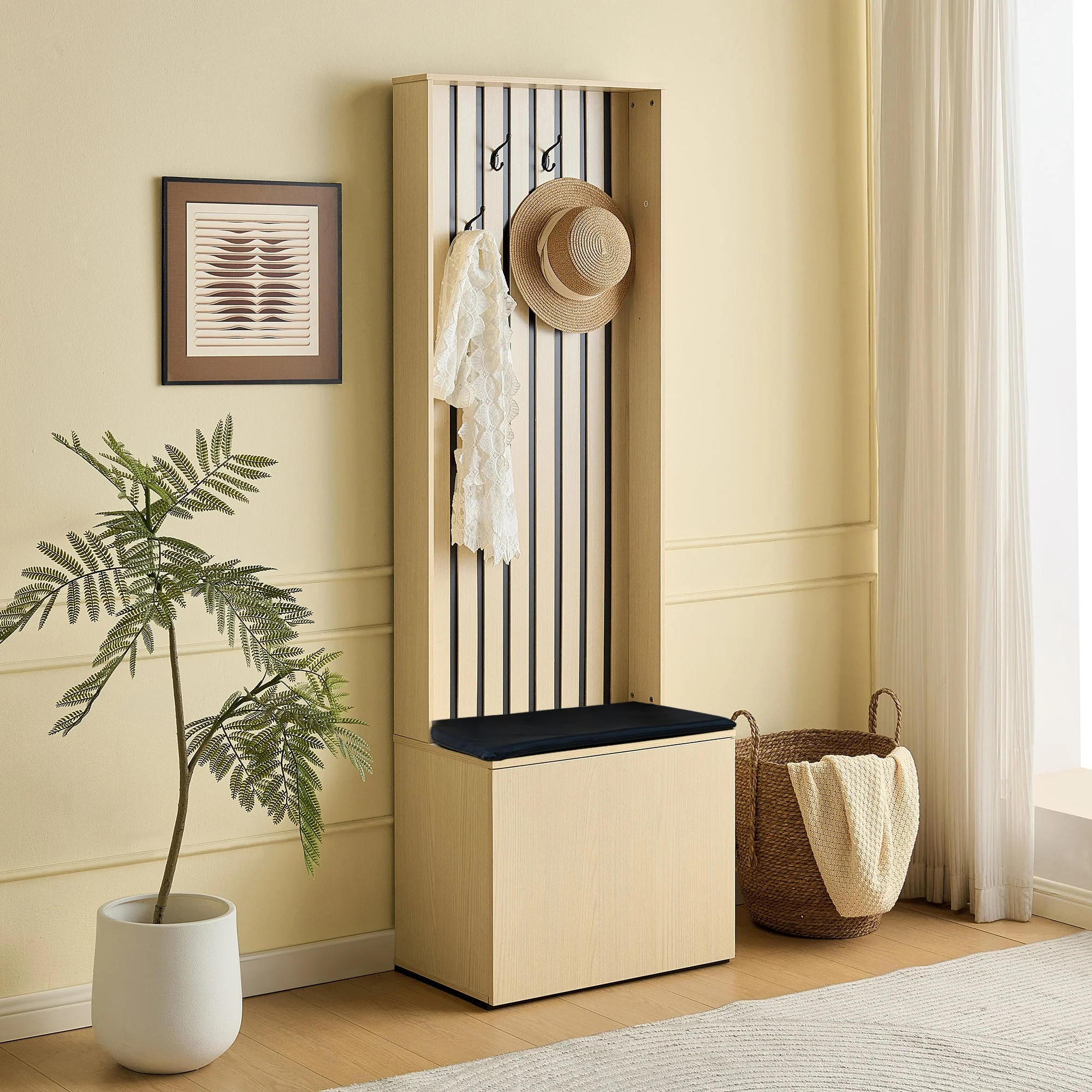 Modern Wardrobe with Bench & Shoe Storage, 4 Hooks, Wood/MDF - Image 6