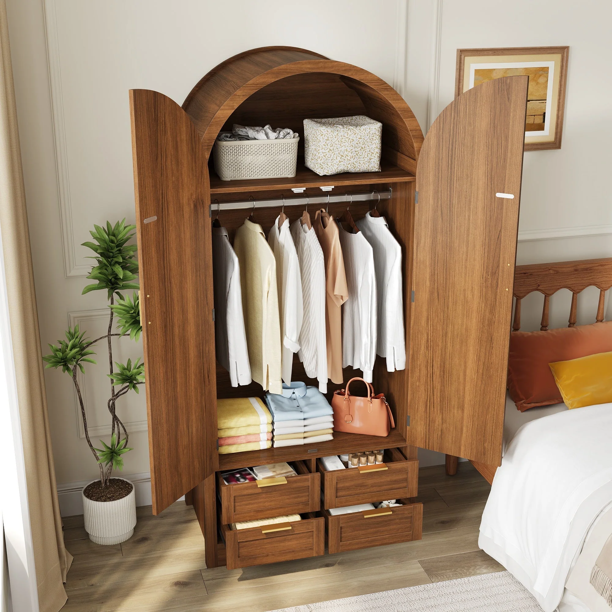 Modern Wardrobe with Curved Doors, Clothes Rail and Drawers, Walnut MDF - Image 10