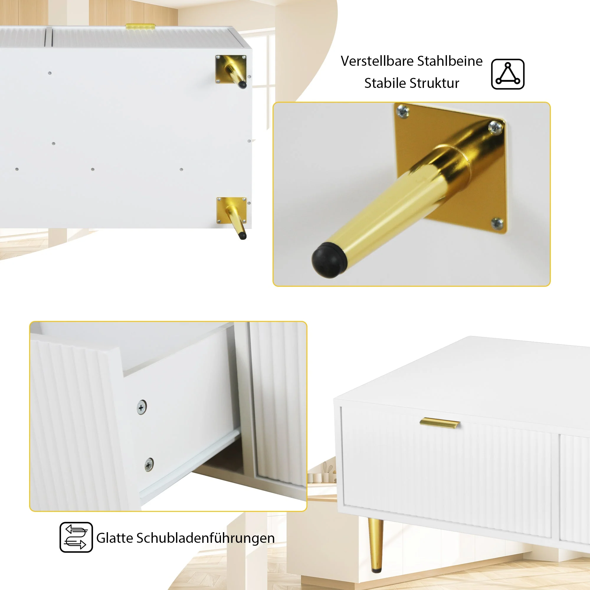Modern White Coffee Table with 2 Drawers, Vertical Stripe Design, 100x50x40cm, Gold Accents - Image 11