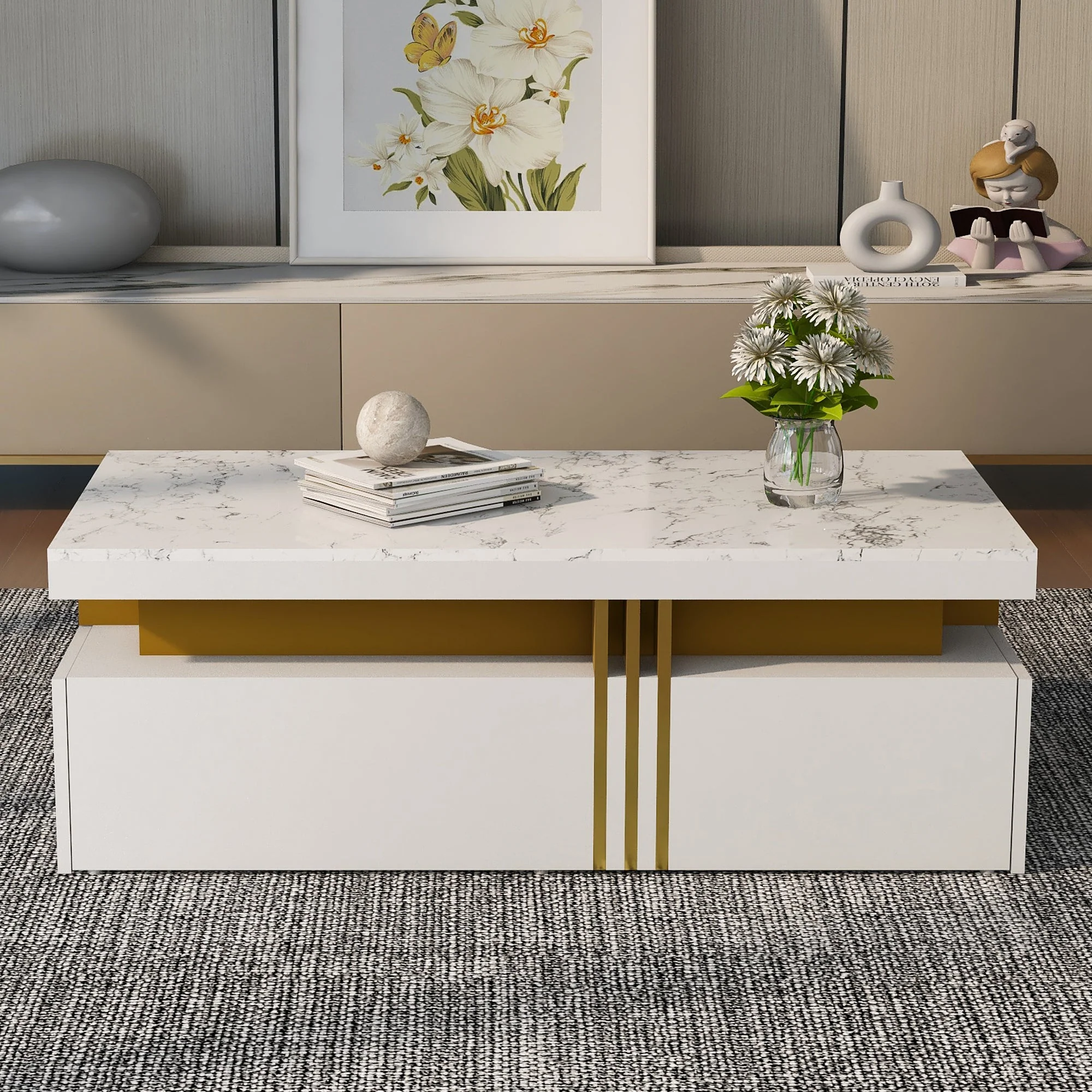 Modern White Rectangular Coffee Table with Marble Pattern Top and 2 Wooden Drawers - Image 3