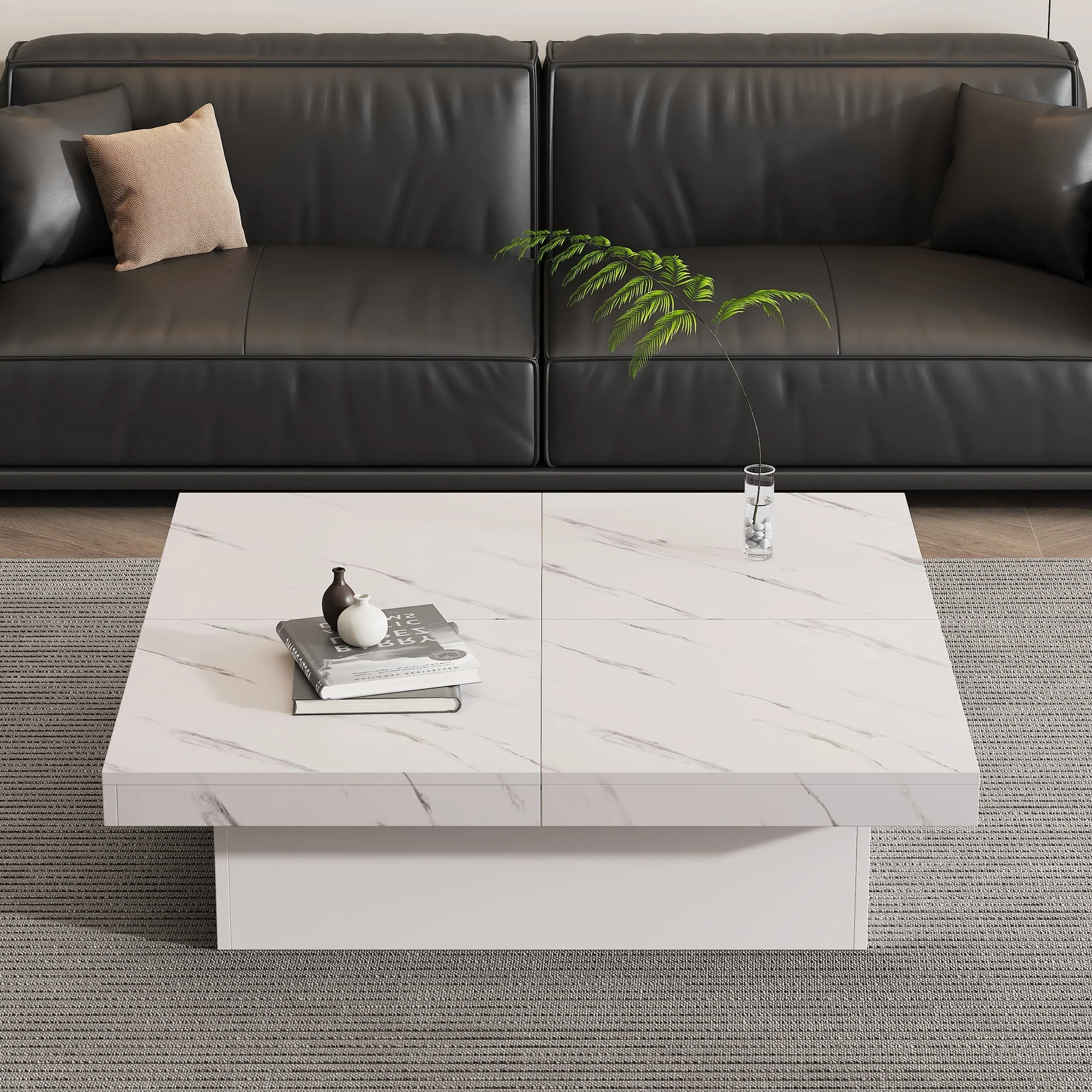 Modern white square coffee table, 90 x 90 x 25 cm with four drawers, sliding tabletop, 30 kg load capacity, marble look - Image 8