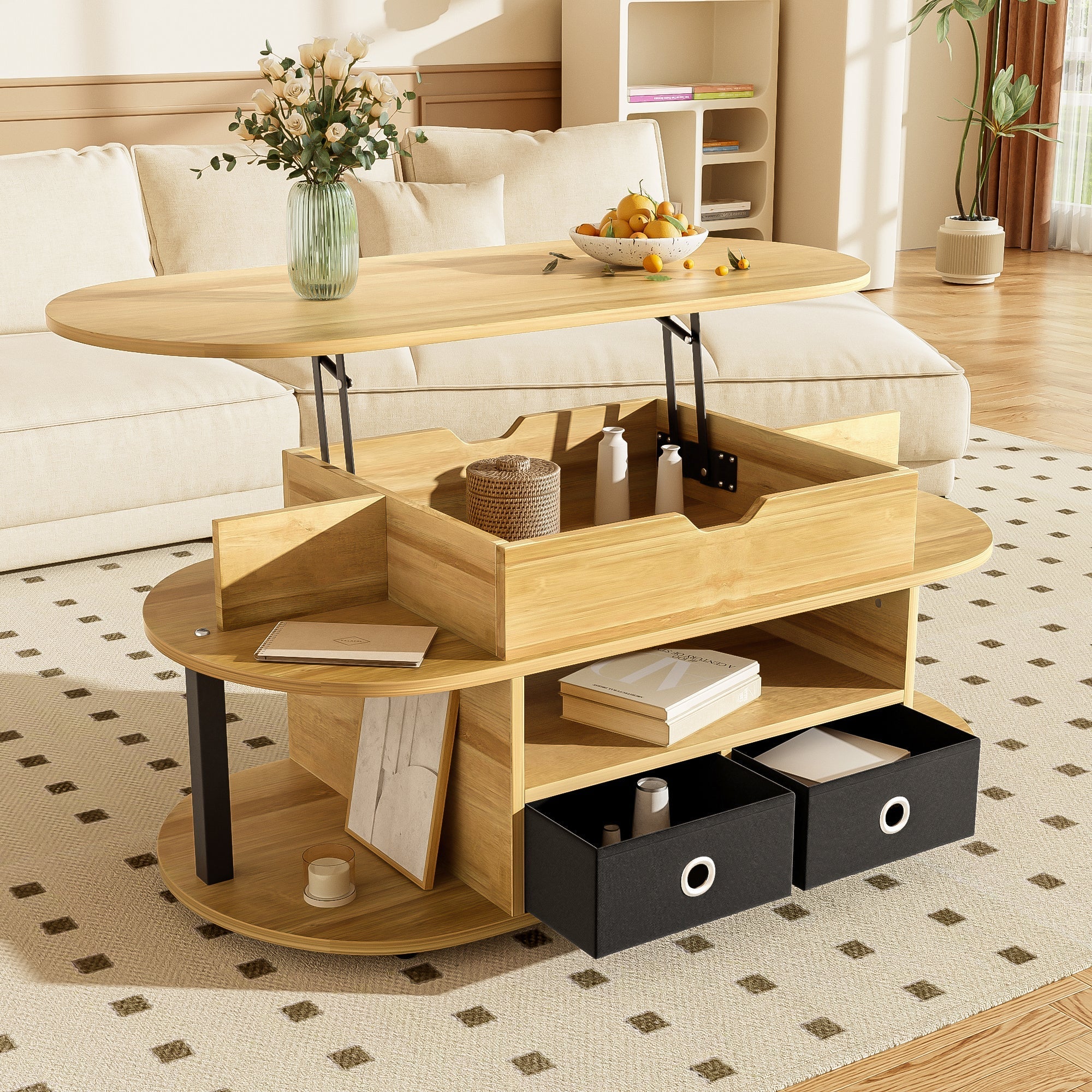Modern Wood Grain Coffee Table with Lifting Function, Storage, and Black Fabric Drawers - Image 7