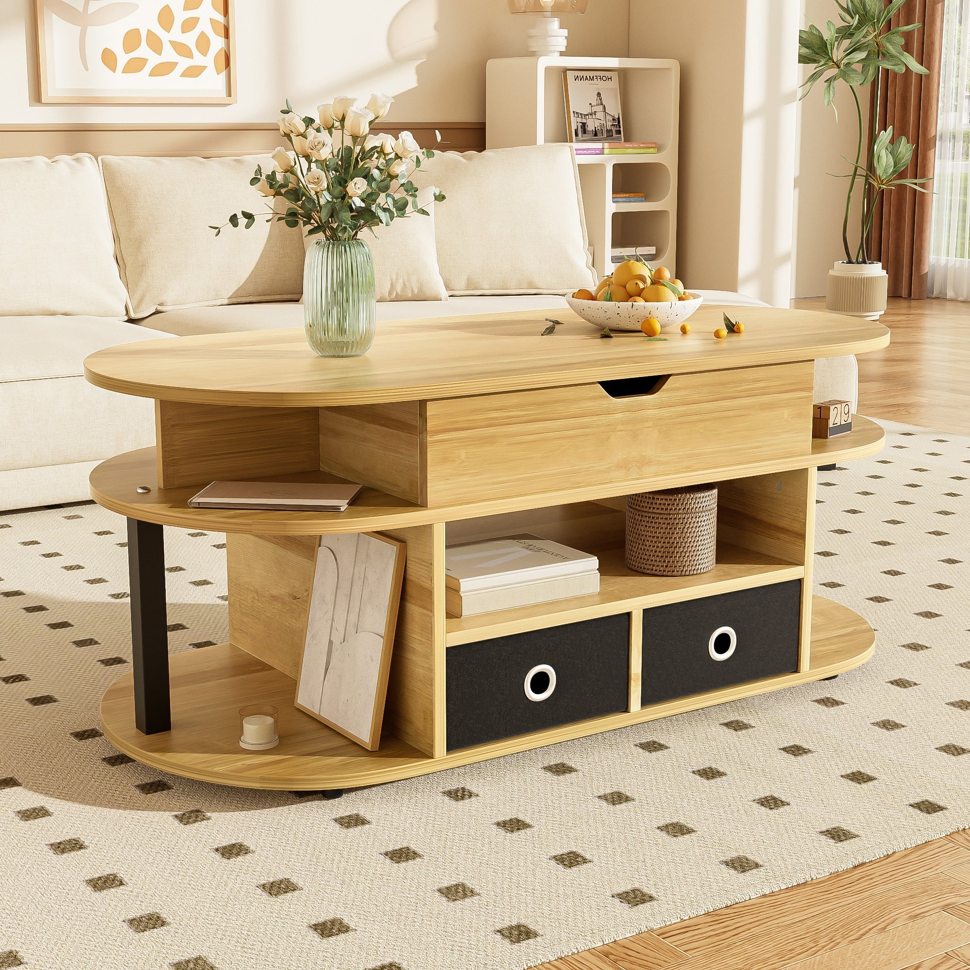 Modern Wood Grain Coffee Table with Lifting Function, Storage, and Black Fabric Drawers - Image 9