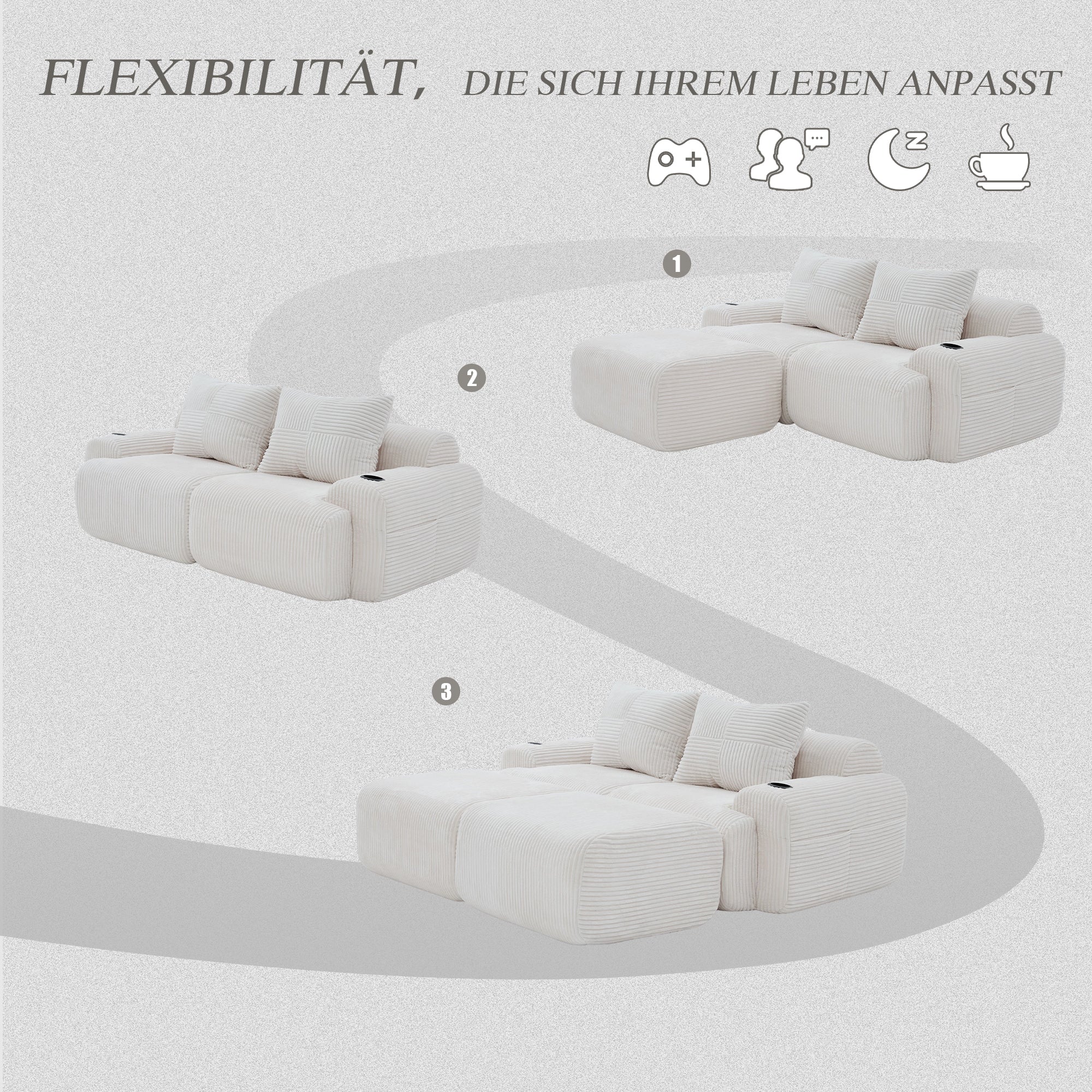 Modular 2-Seater Corduroy Sofa with Ottomans and Cup Holders, Beige - Image 4