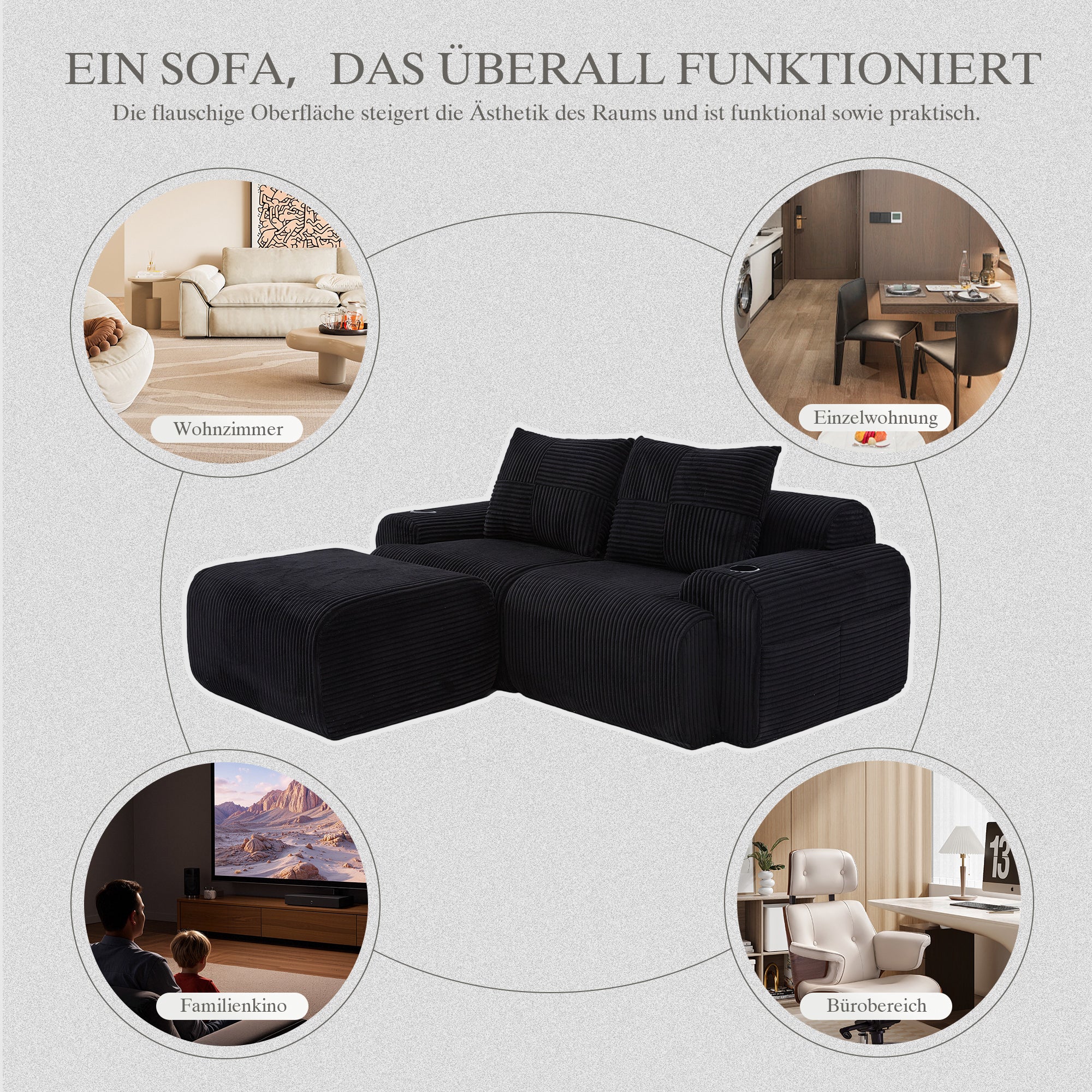 Modular 2-Seater Sofa with Ottomans, Cup Holders and Storage Pockets, Black Corduroy - Image 7