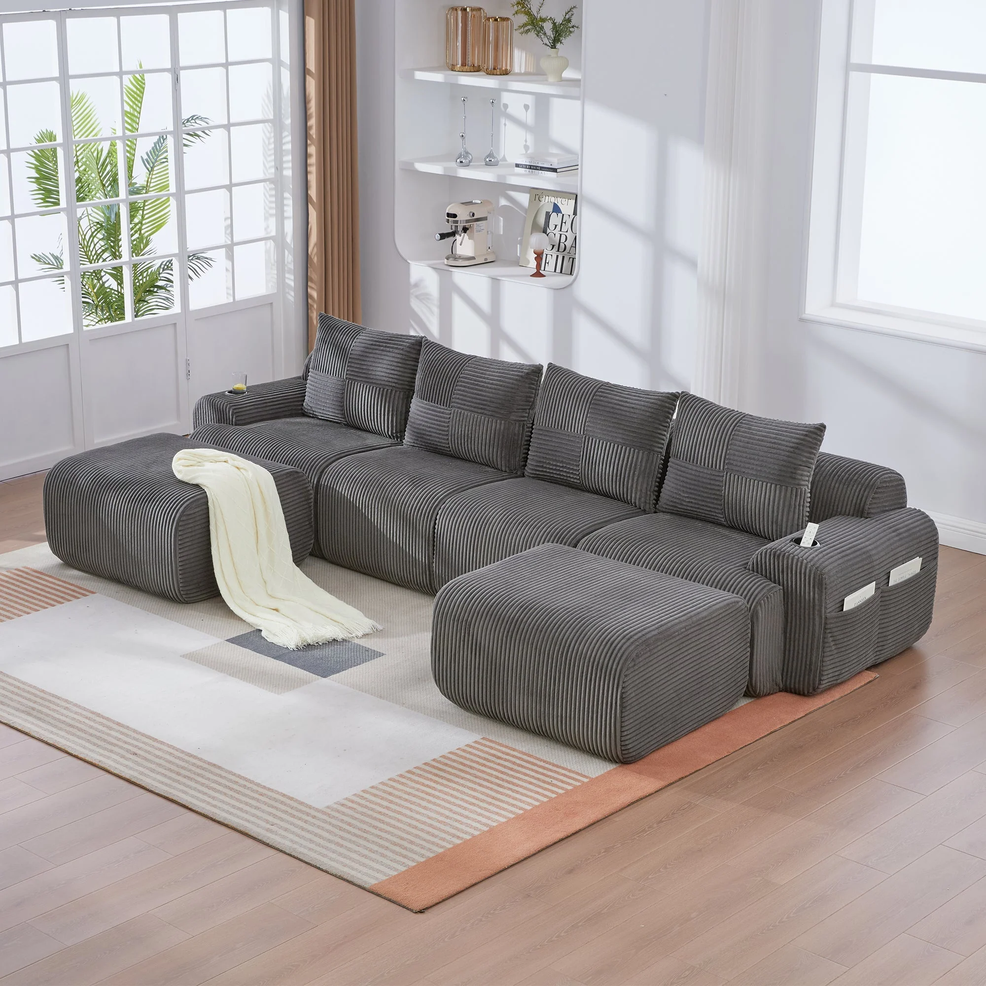 Modular 4-Seater Sofa with 2 Ottomans, Cup Holders and Storage Pocket, Dark Grey Corduroy - Image 10