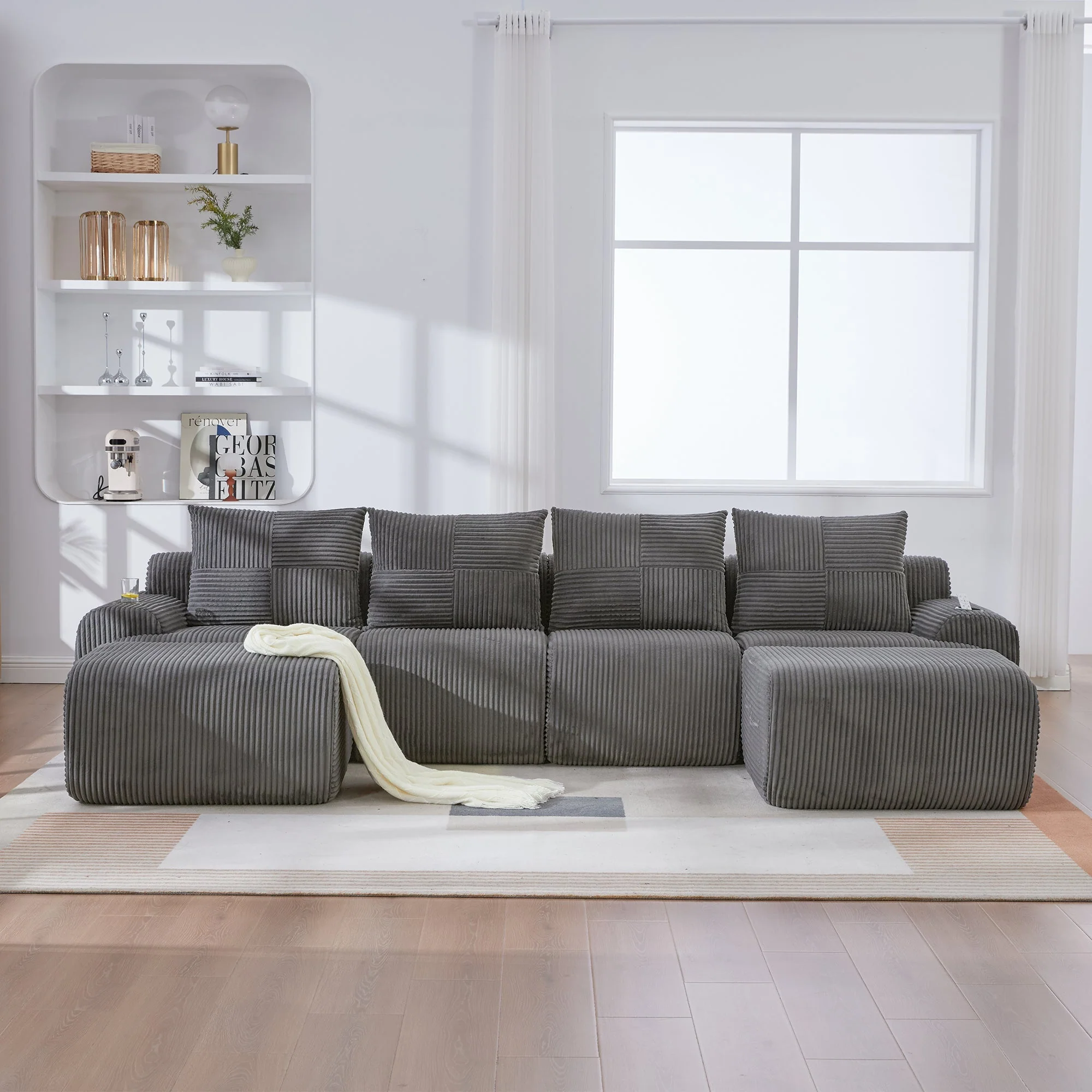 Modular 4-Seater Sofa with 2 Ottomans, Cup Holders and Storage Pocket, Dark Grey Corduroy - Image 9