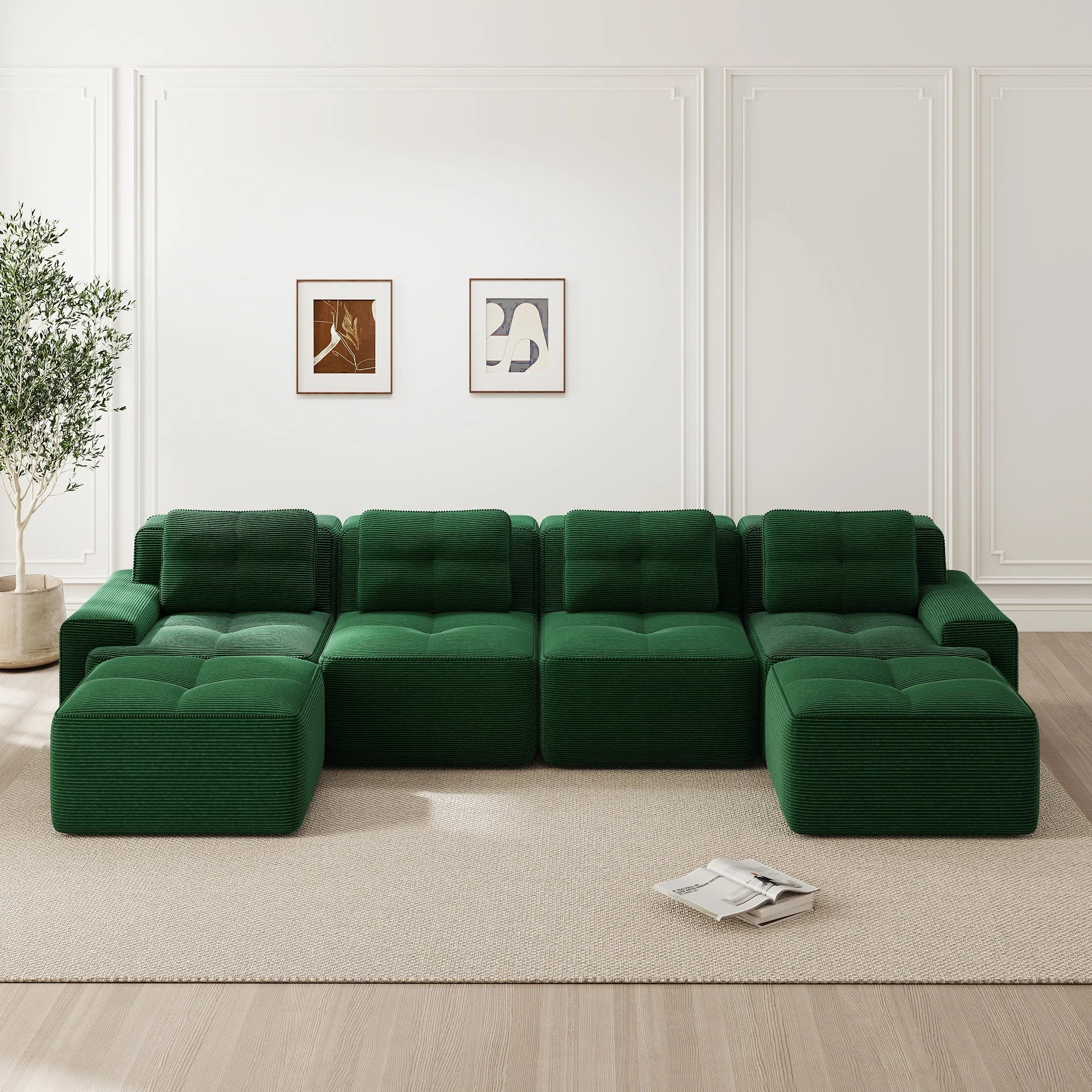 Modular Boneless Sofa U-Shaped Chaise 4-Seater - Corduroy Green - Image 2