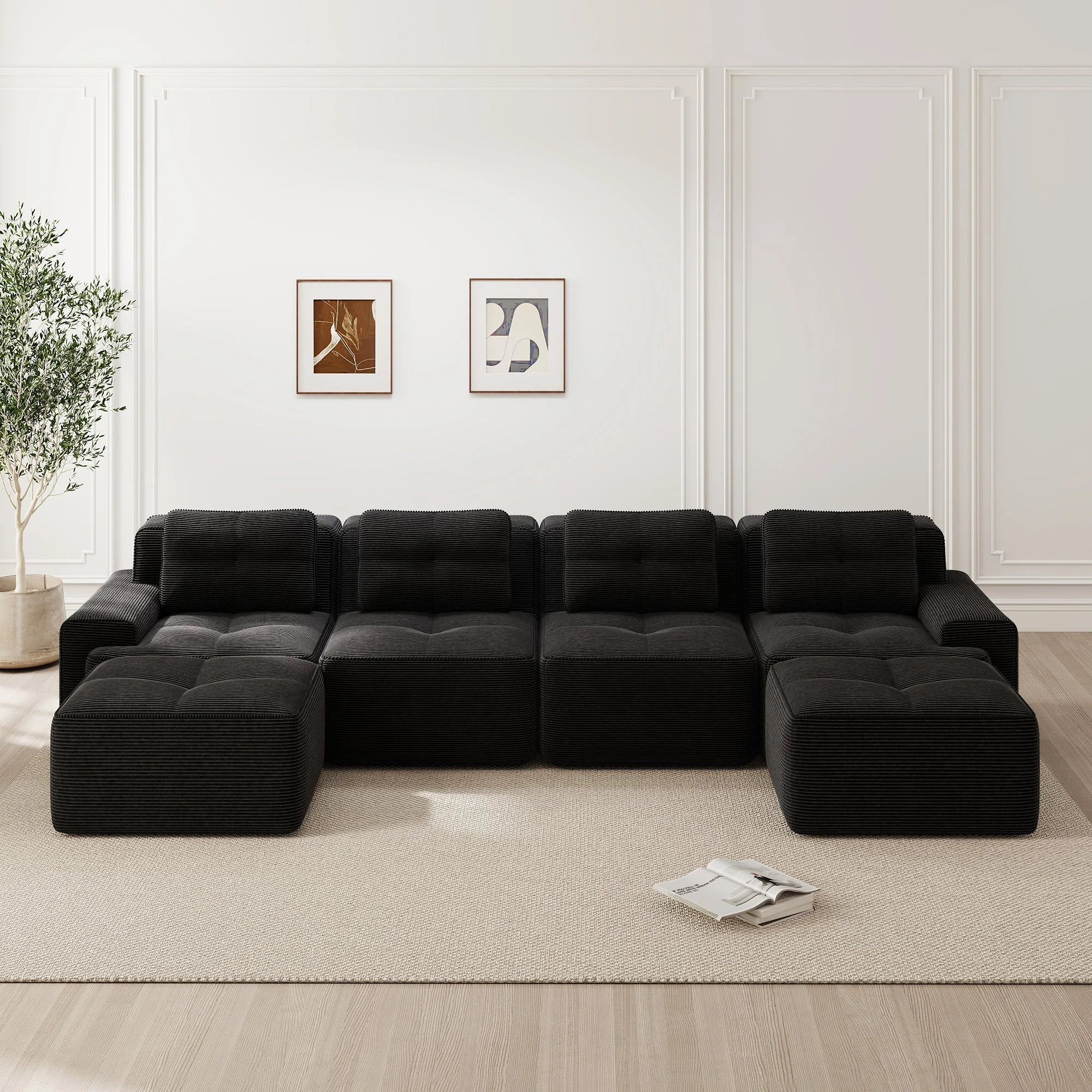 Modular Cloud Sofa U-Shaped Chaise Lounge 4-Seater Corduroy Black - Image 2