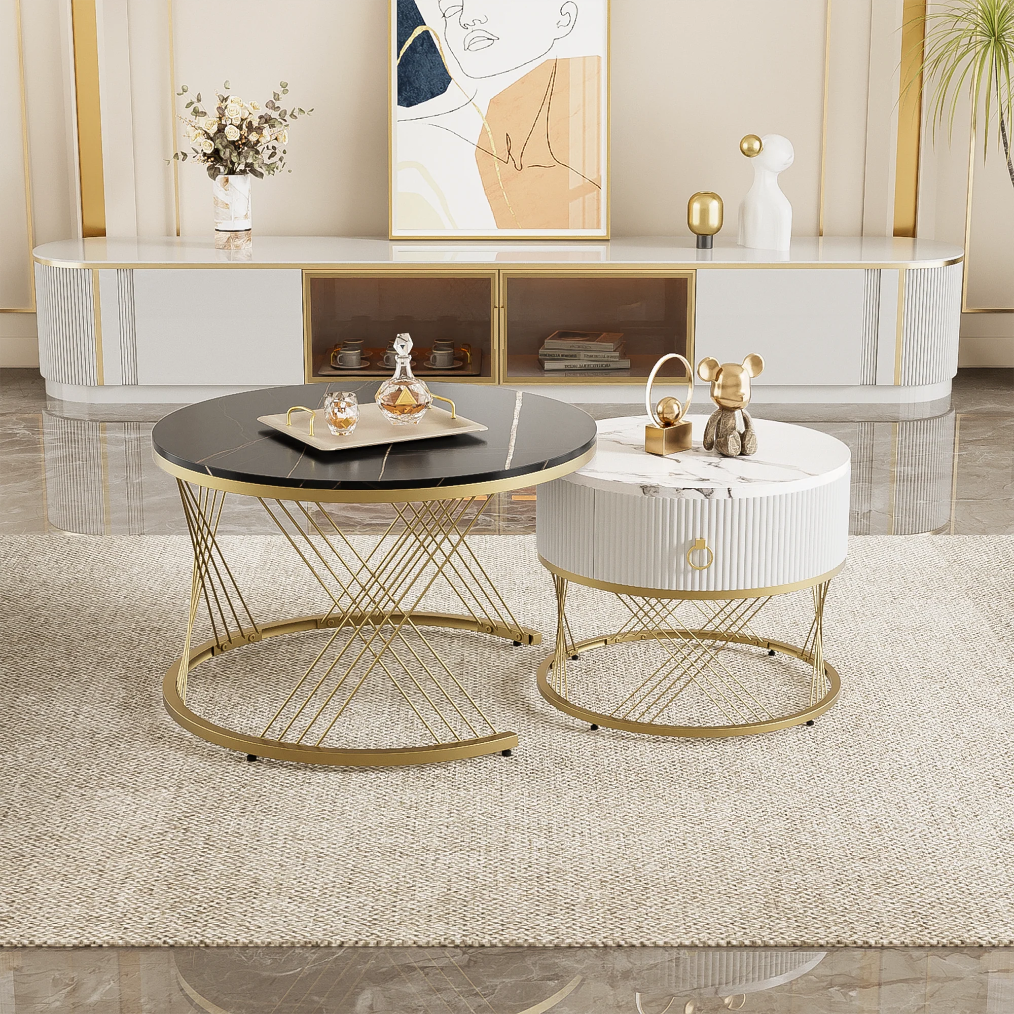 Modular Coffee Table Set of 2, Drawers Marble Look, Gold Decor - Image 4
