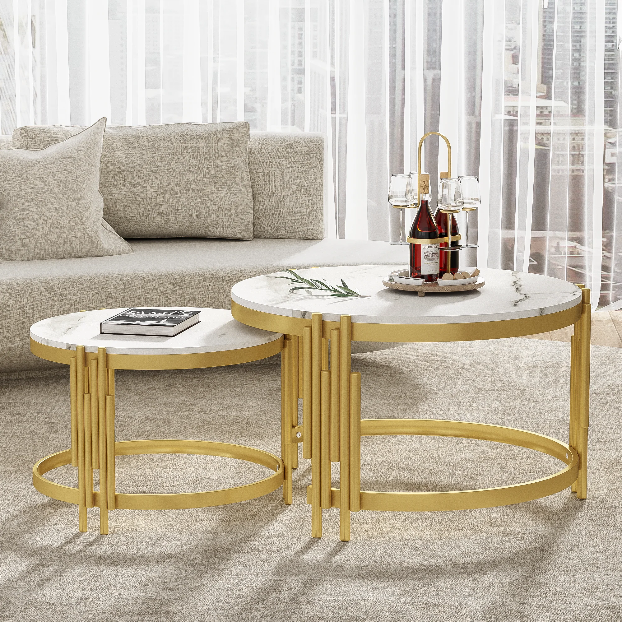 Modular Coffee Table Set, Round Golden Metal Frame, Marble Look - Image 6
