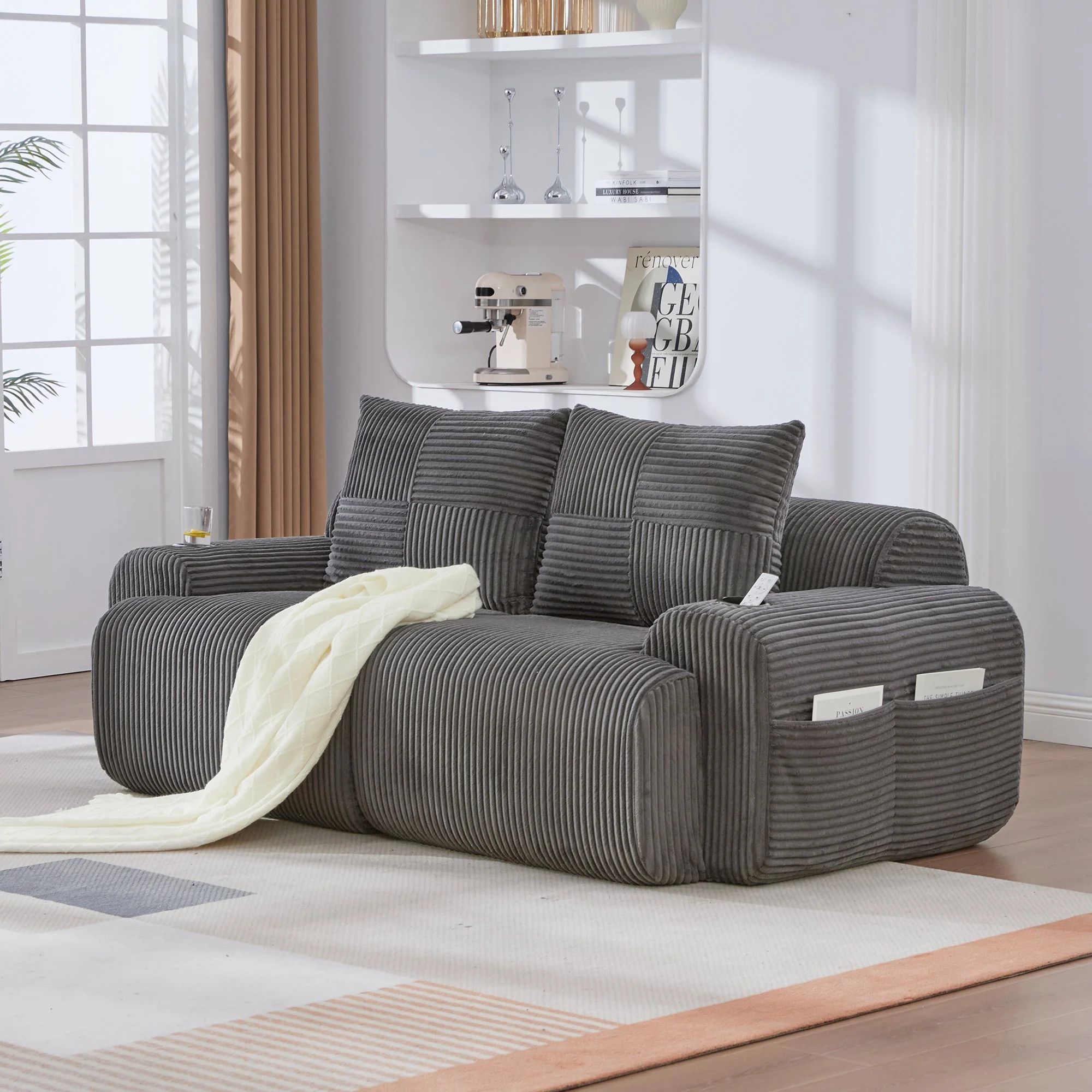Modular Corduroy 2-Seater Sofa with Cup Holder and Storage Pocket, Dark Grey - Image 8