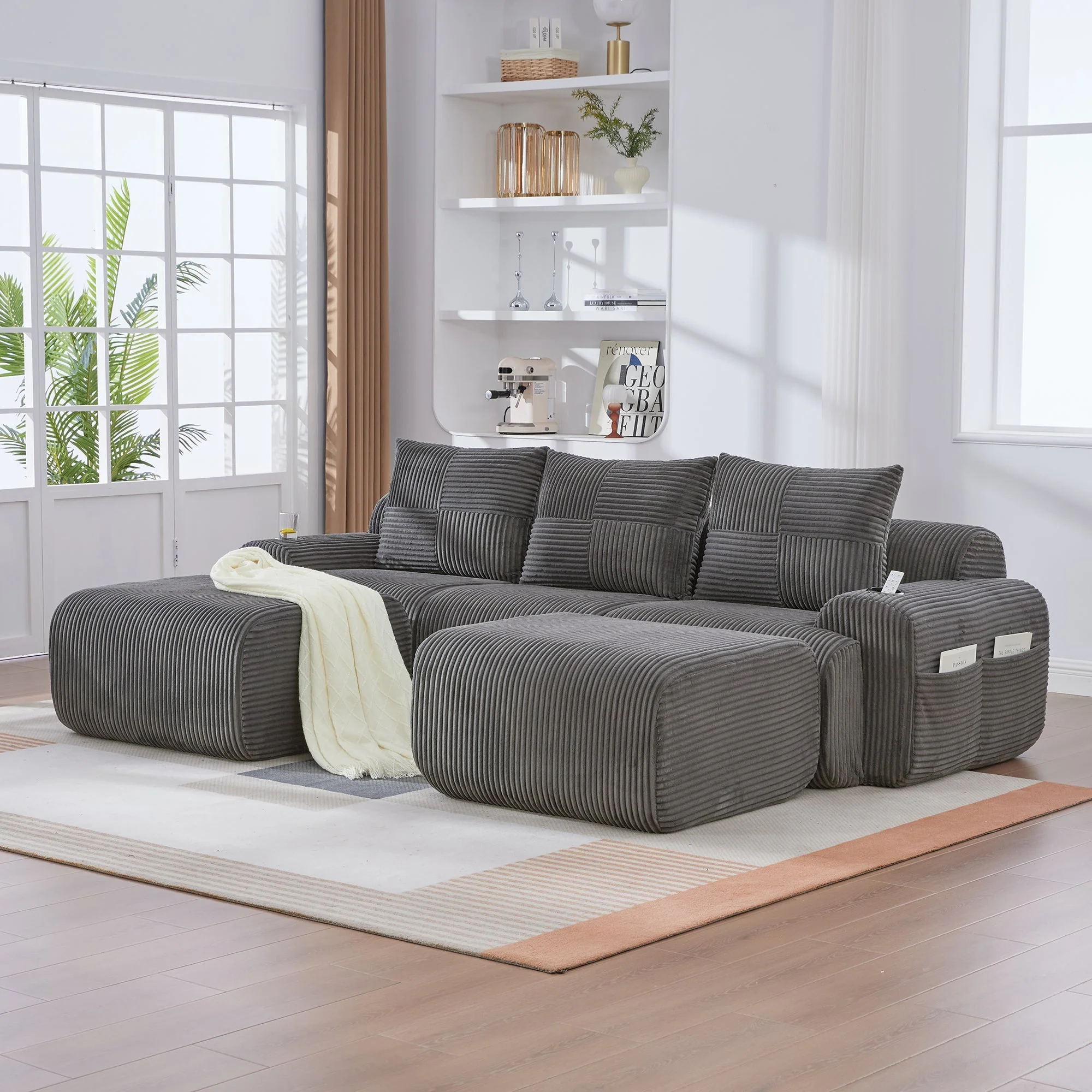 Modular Corduroy Sofa - 3-Seater with 2 Ottomans, Cup Holders, Storage Pocket - Dark Grey - Image 8