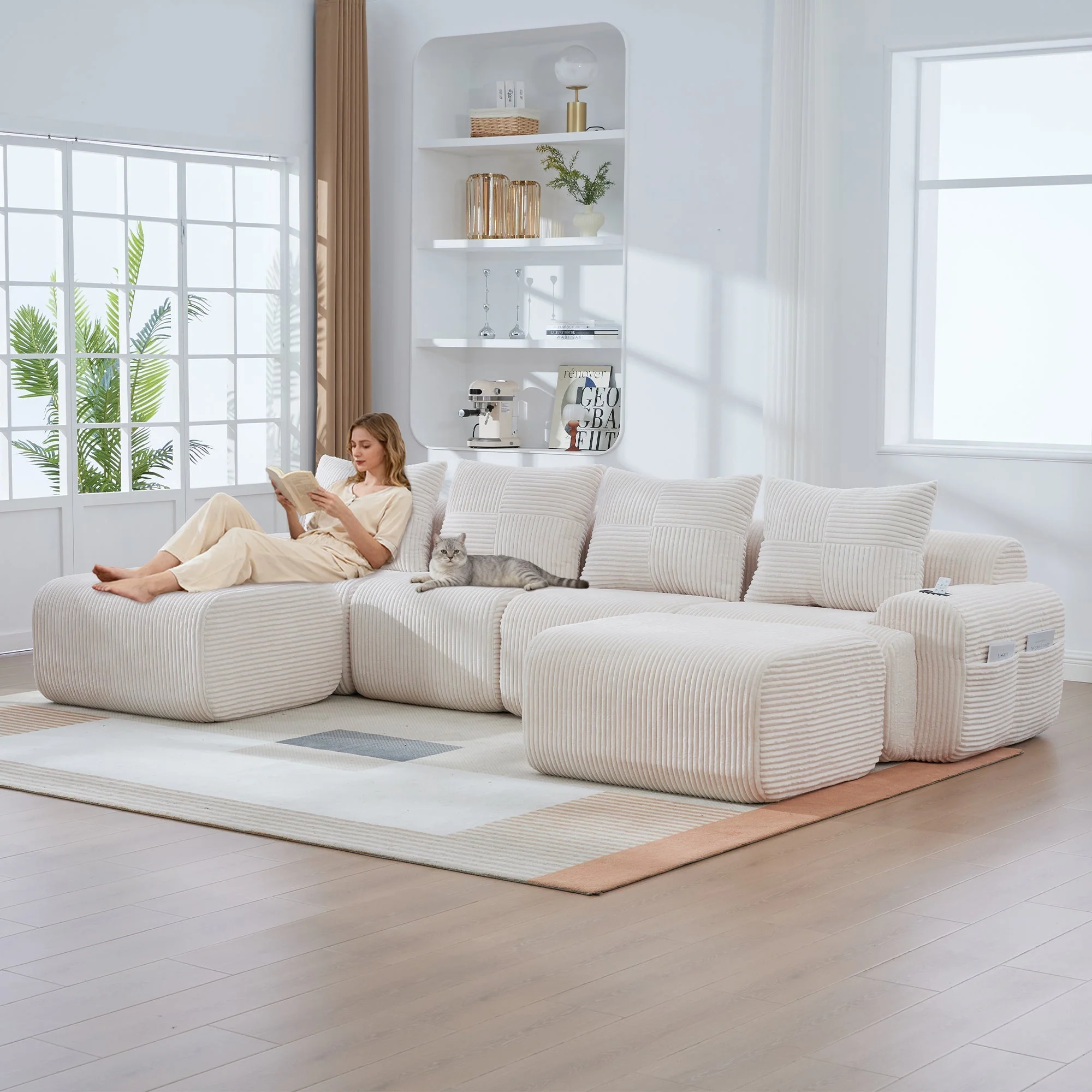 Modular Corduroy Sofa, 4-Seater with 2 Ottomans, Cup Holders and Storage, Beige