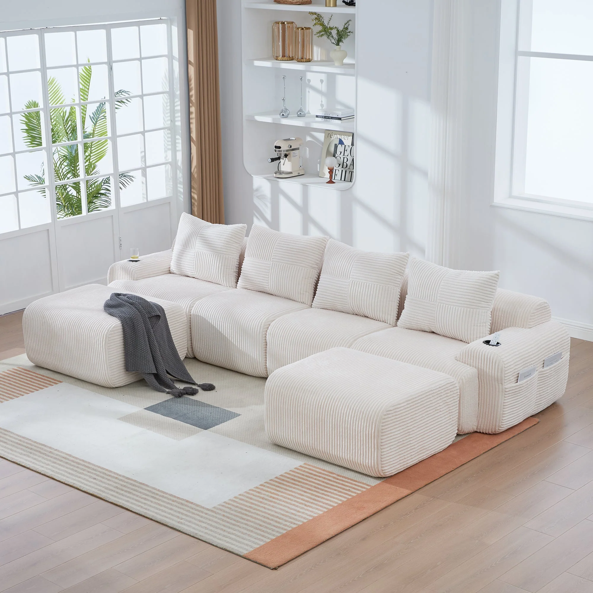 Modular Corduroy Sofa, 4-Seater with 2 Ottomans, Cup Holders and Storage, Beige - Image 10