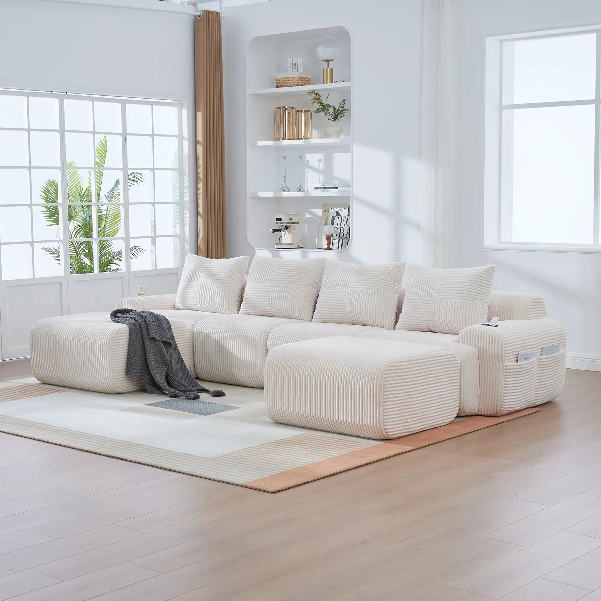 Modular Corduroy Sofa, 4-Seater with 2 Ottomans, Cup Holders and Storage, Beige - Image 8